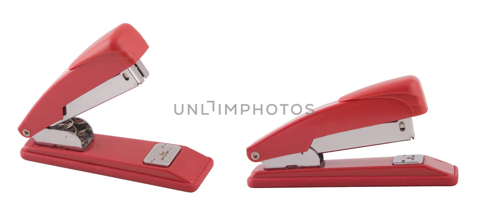 two point of view of red stapler on white background