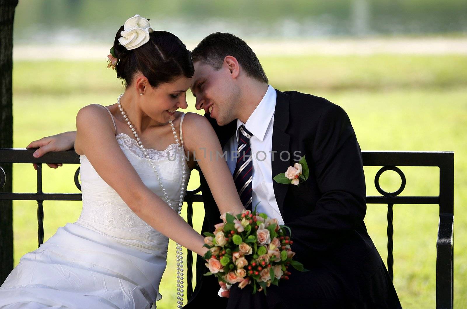 Newlywed couple sat on park bench romancing, tree and greenery in background.