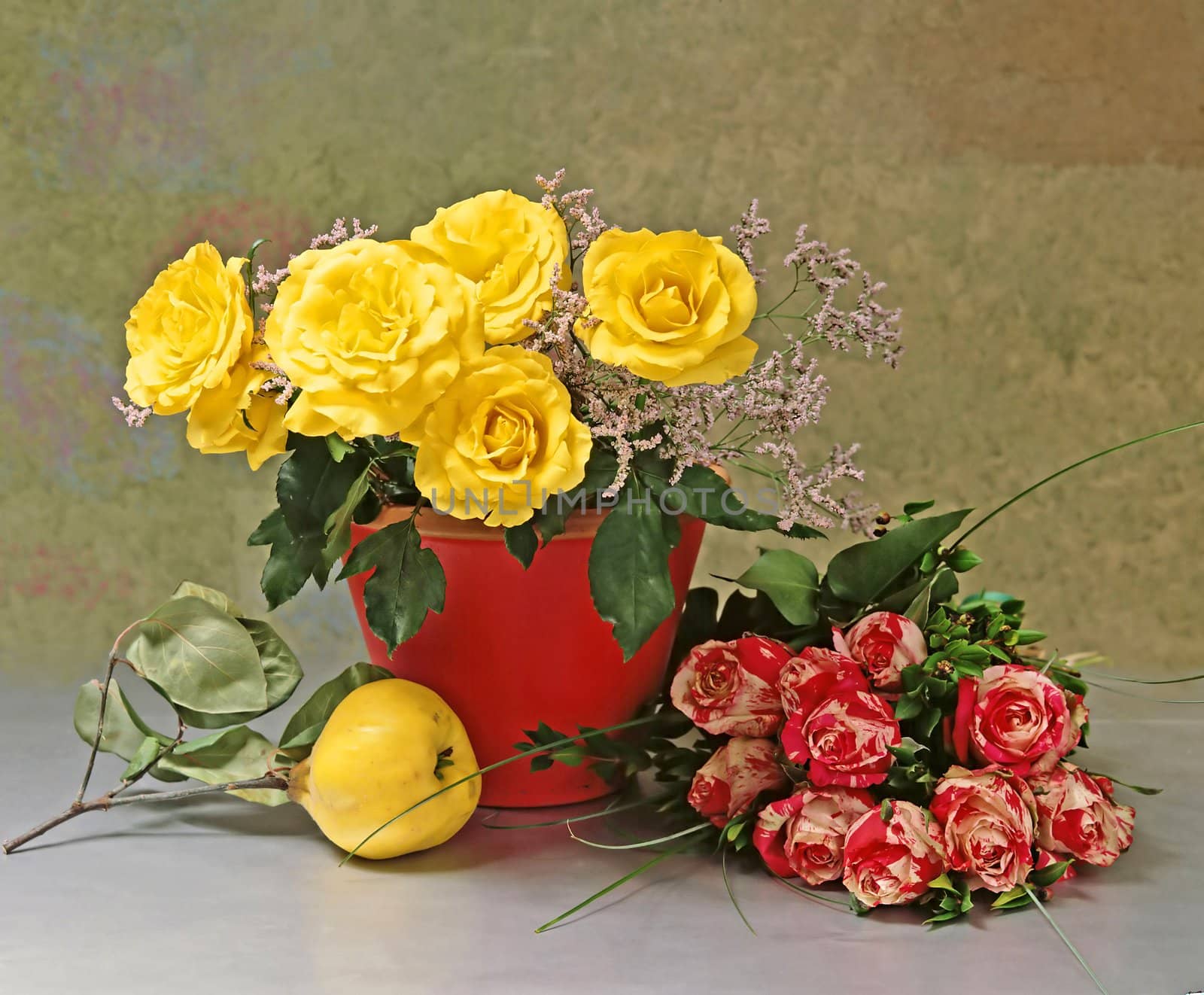 still-life with yellow and striped roses