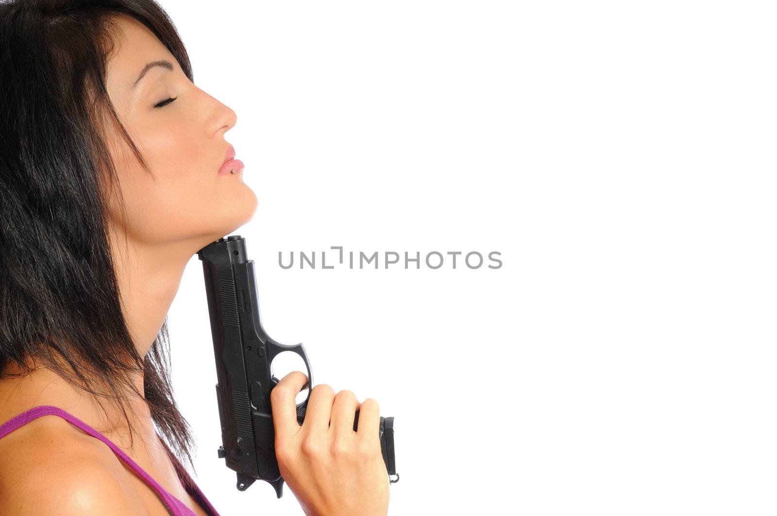 attractive hispanic woman posing on a white background
