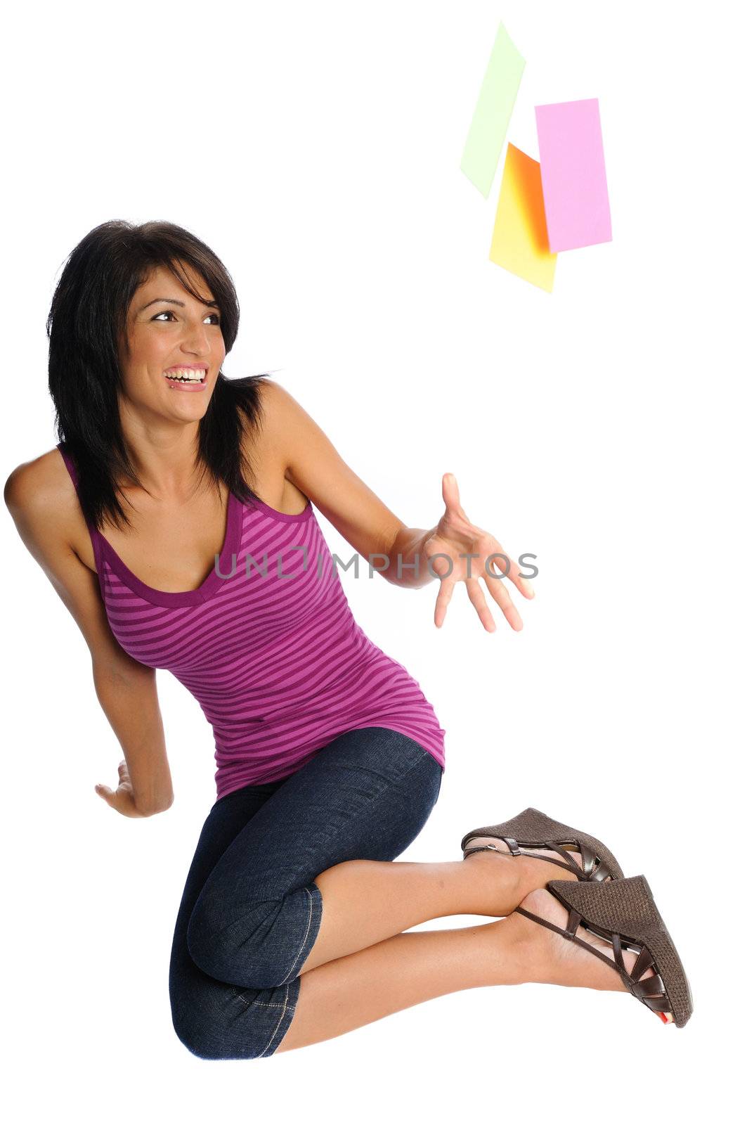 attractive hispanic woman posing on a white background