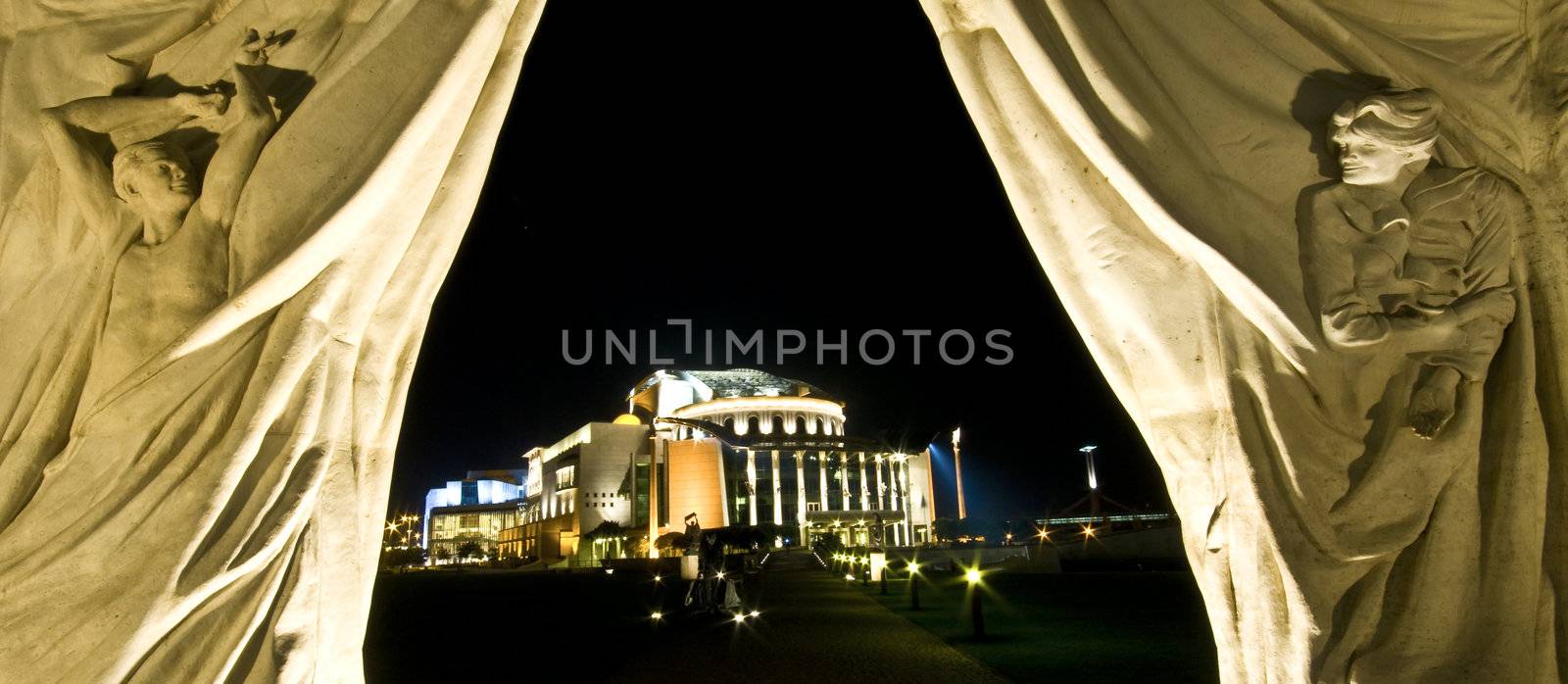 famous and modern national theater in Budapest at night