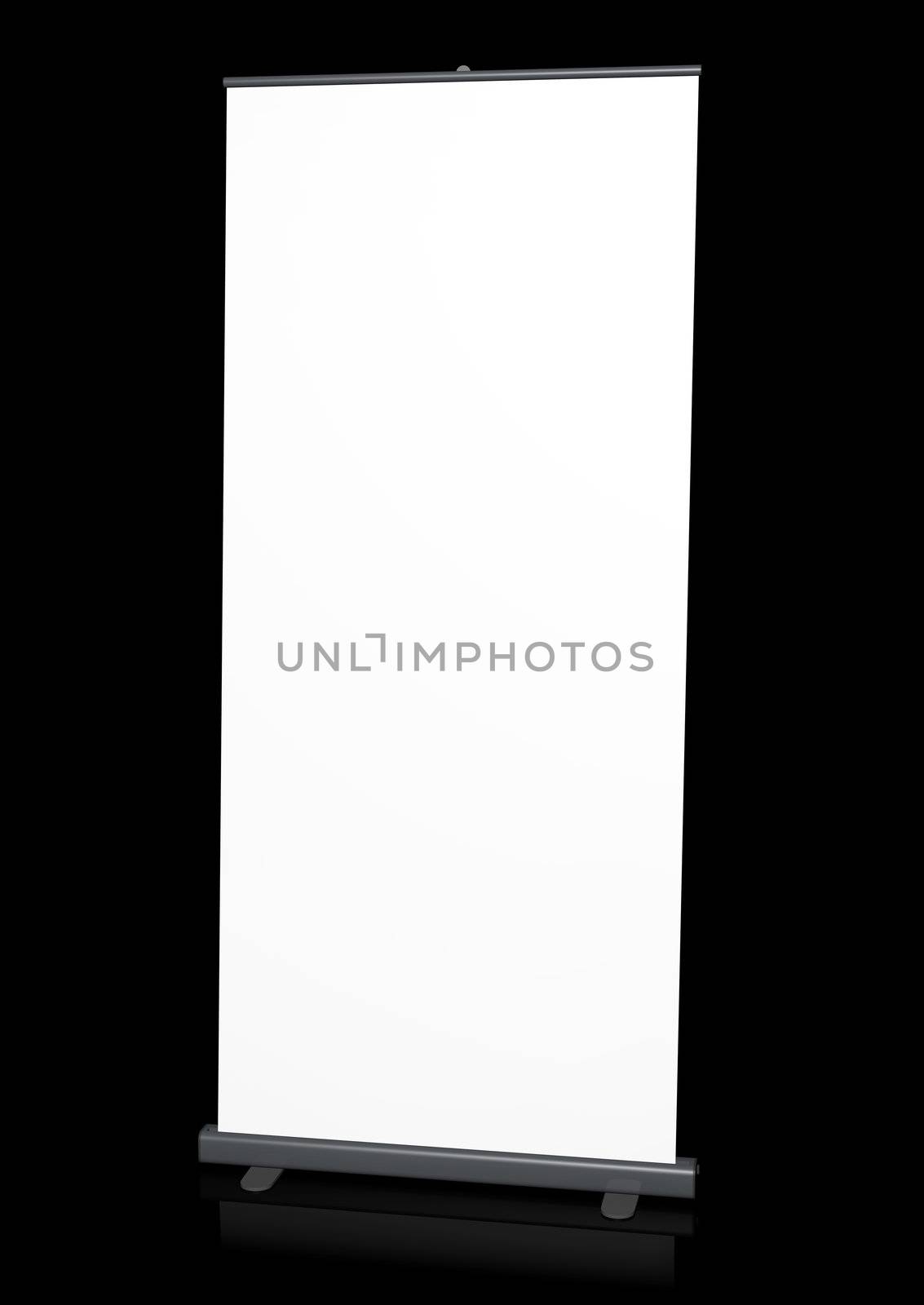 Blank roll-up banner on black. 3D rendered image.
