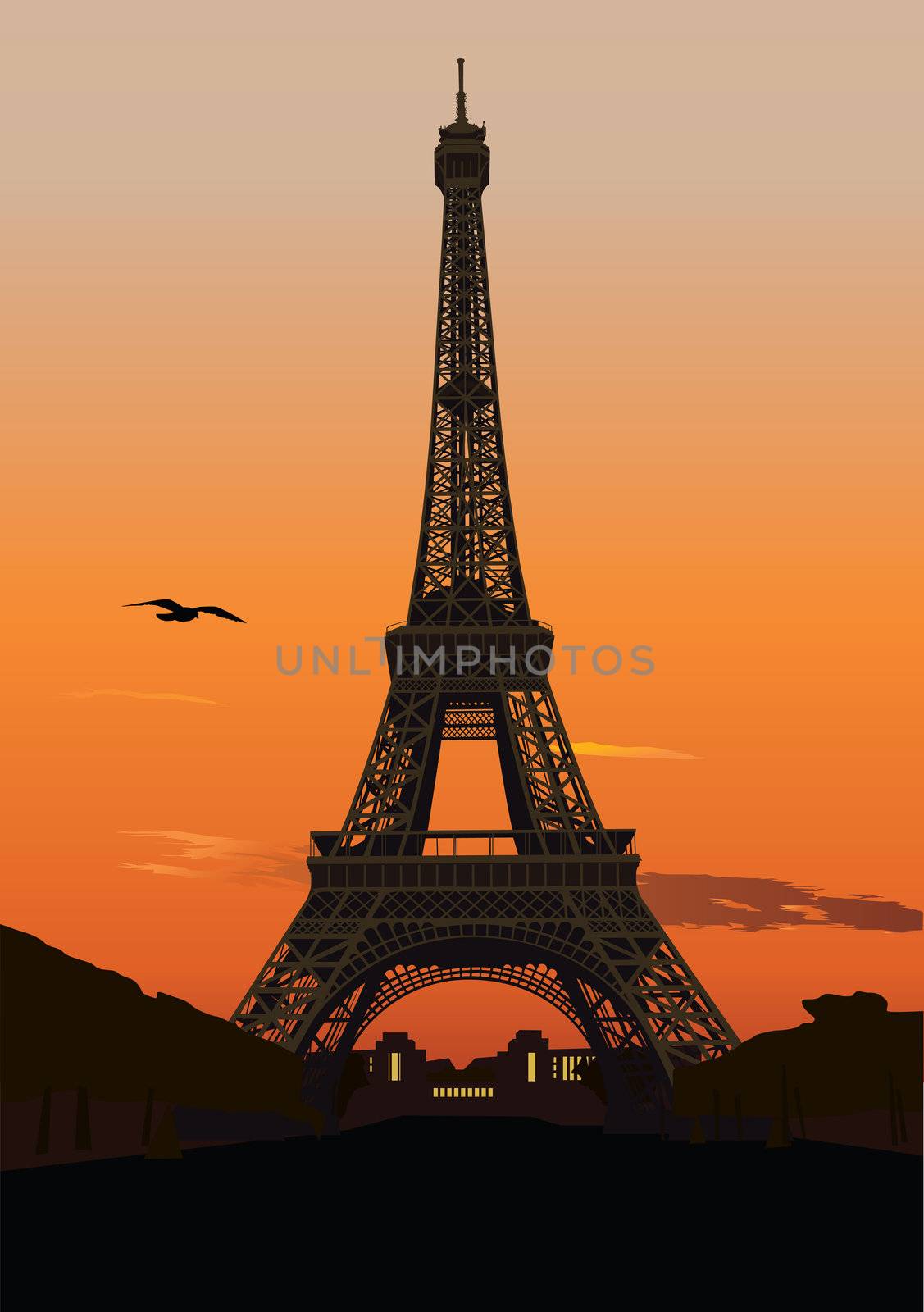 Vector illustration of Eiffel tower at sunset. Paris, France