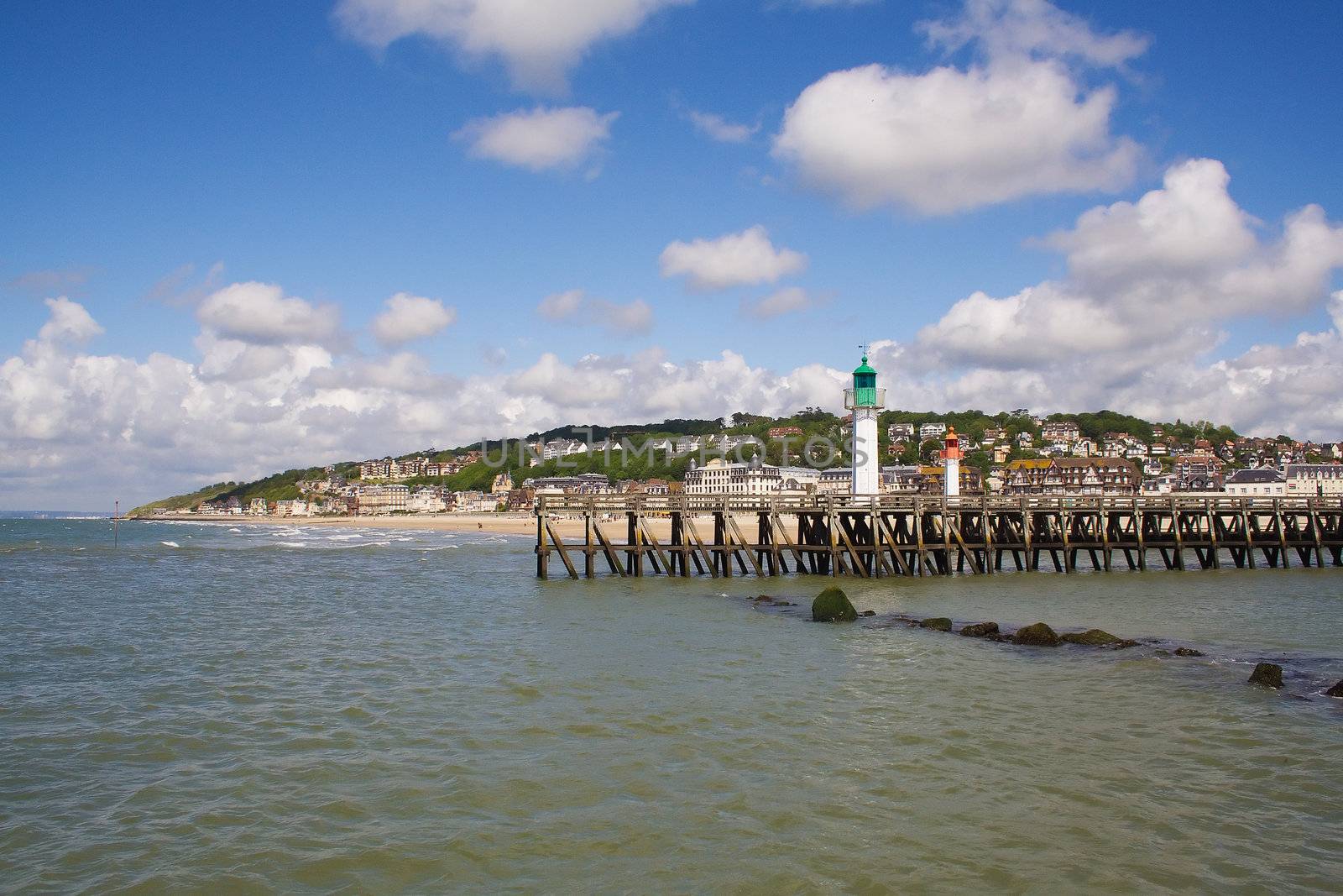 Taken from the sea, deck marking the entrance of the Trouville port