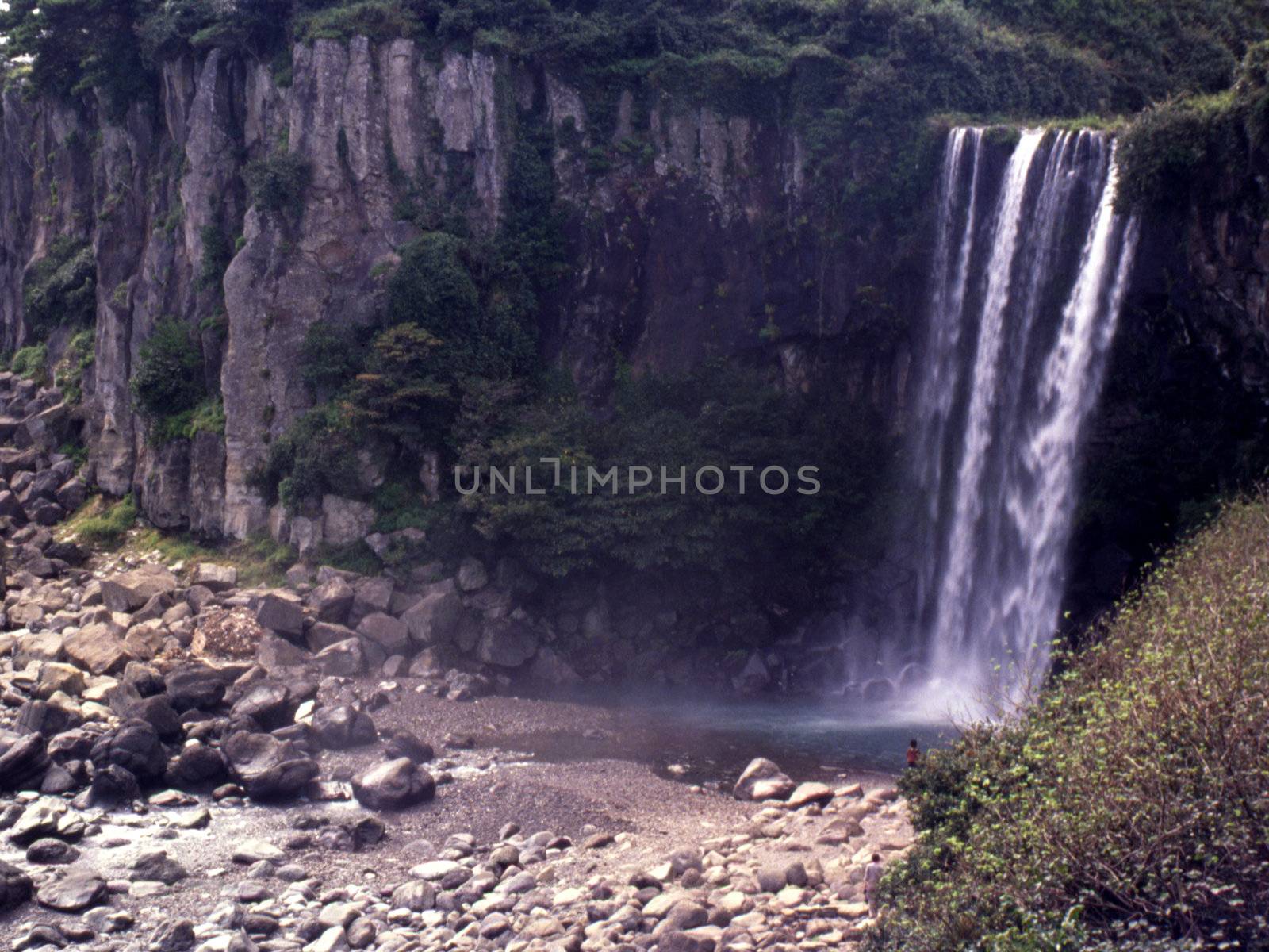 Waterfall falls into the sea.  Chedu Island. South Korea.