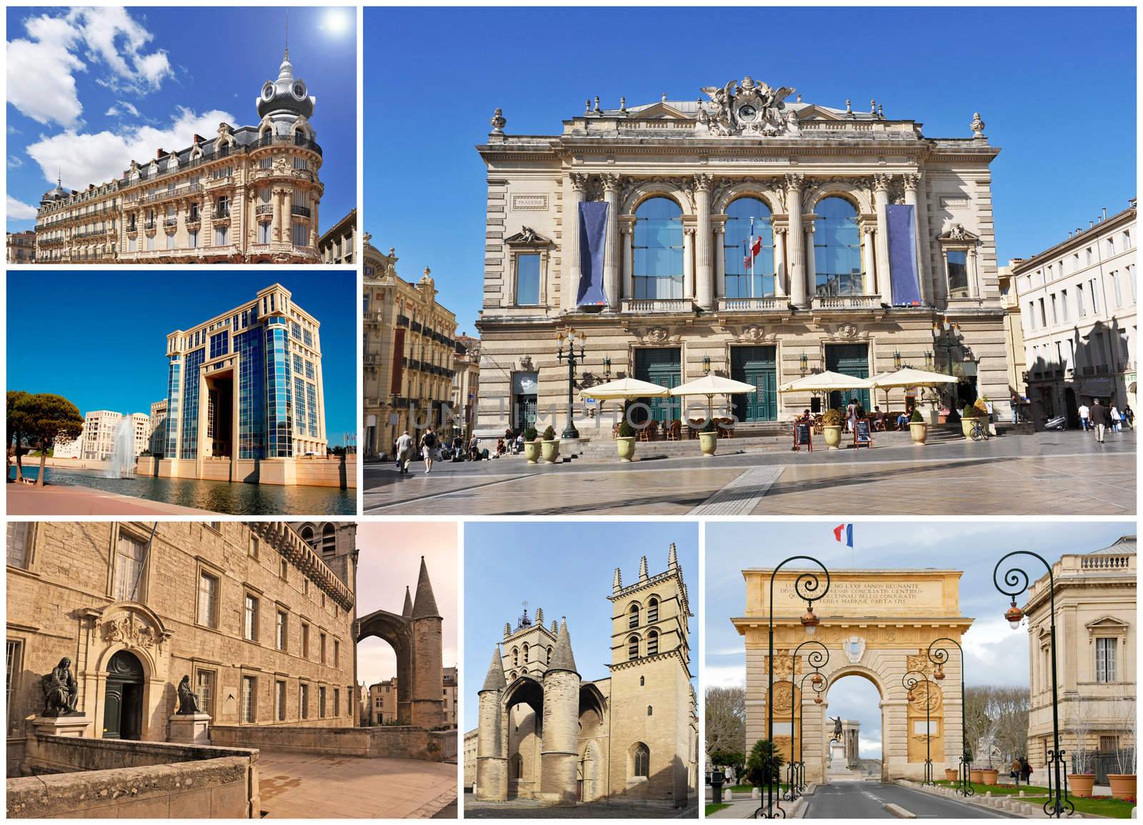 composite image with monuments in Montpellier, Languedoc Roussillon, France