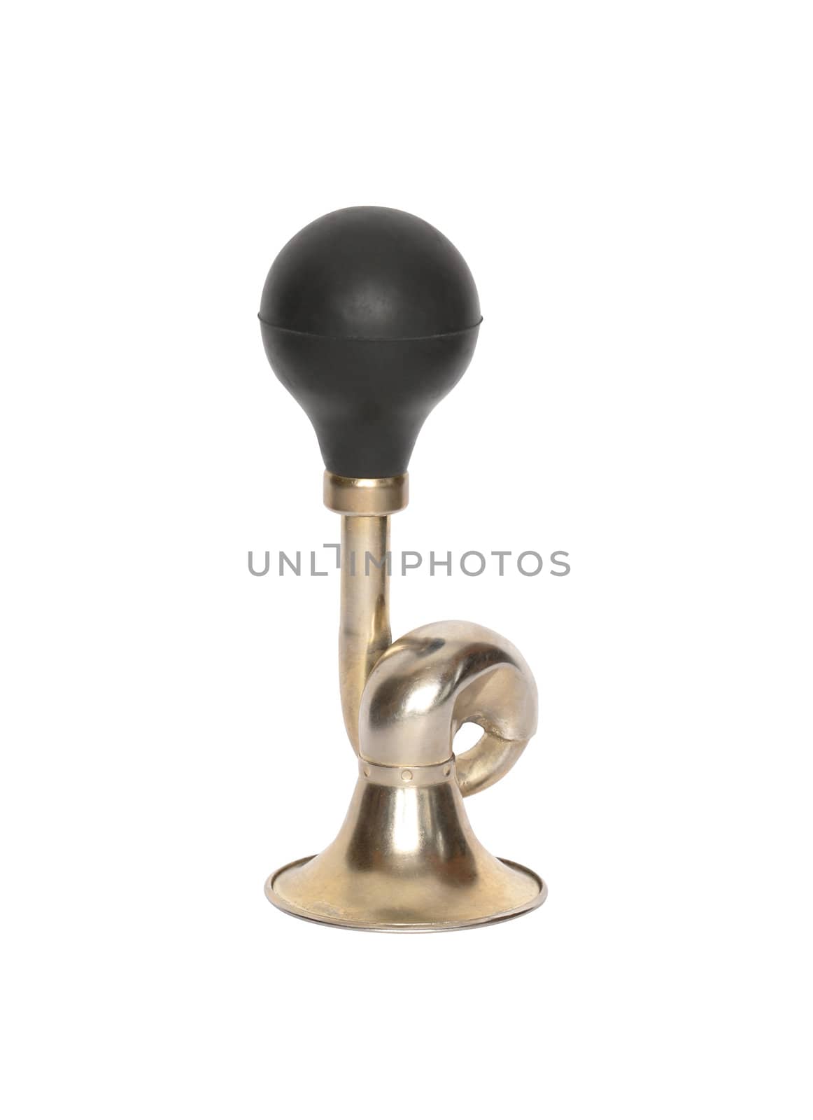 Old brass klaxon isolated on white background with clipping path