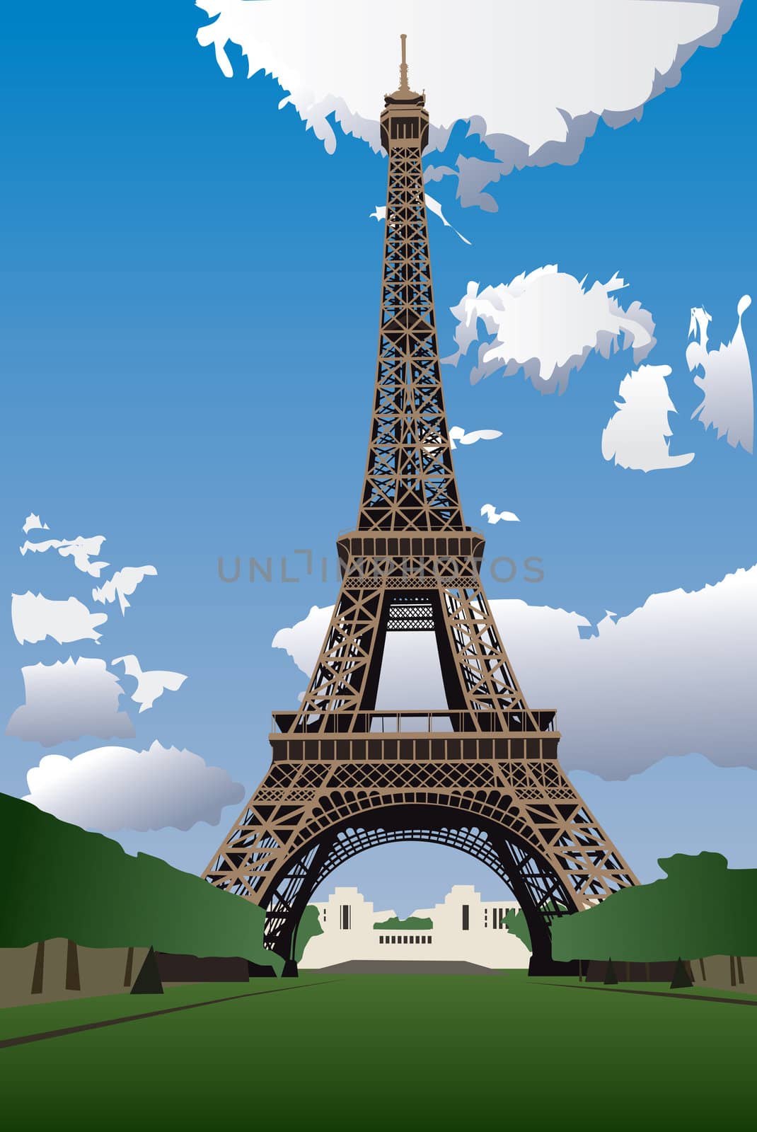 Illustration of Eiffel Tower from the Champ de Mars (Field of Mars)
