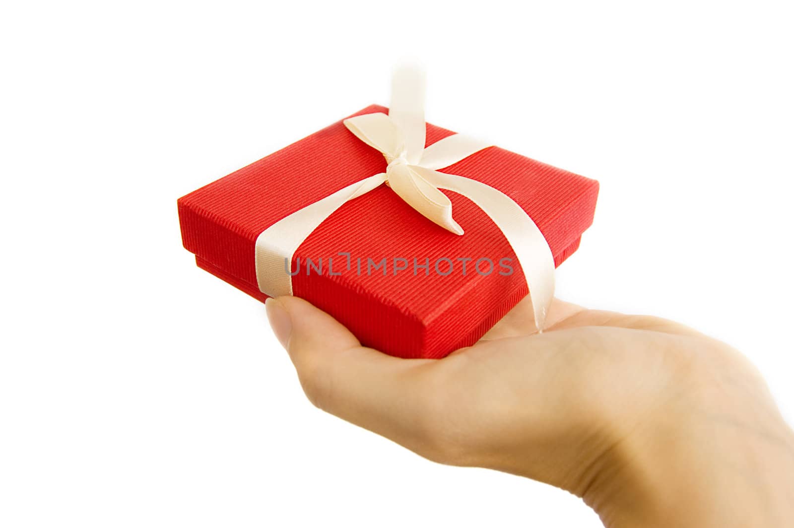 Red gift box in hand by Angel_a