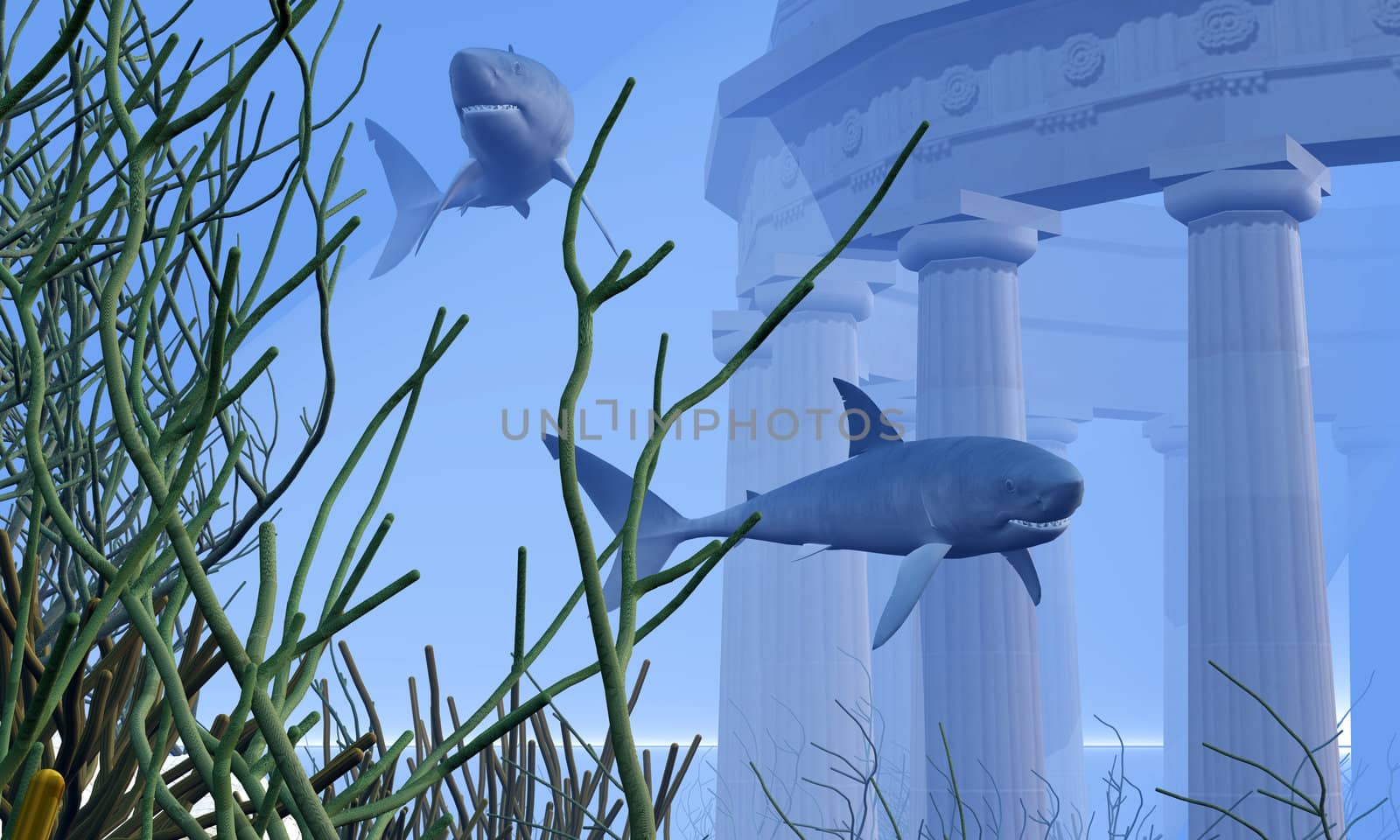 Two Mako sharks swim by a greek temple submerged in the ocean depths.