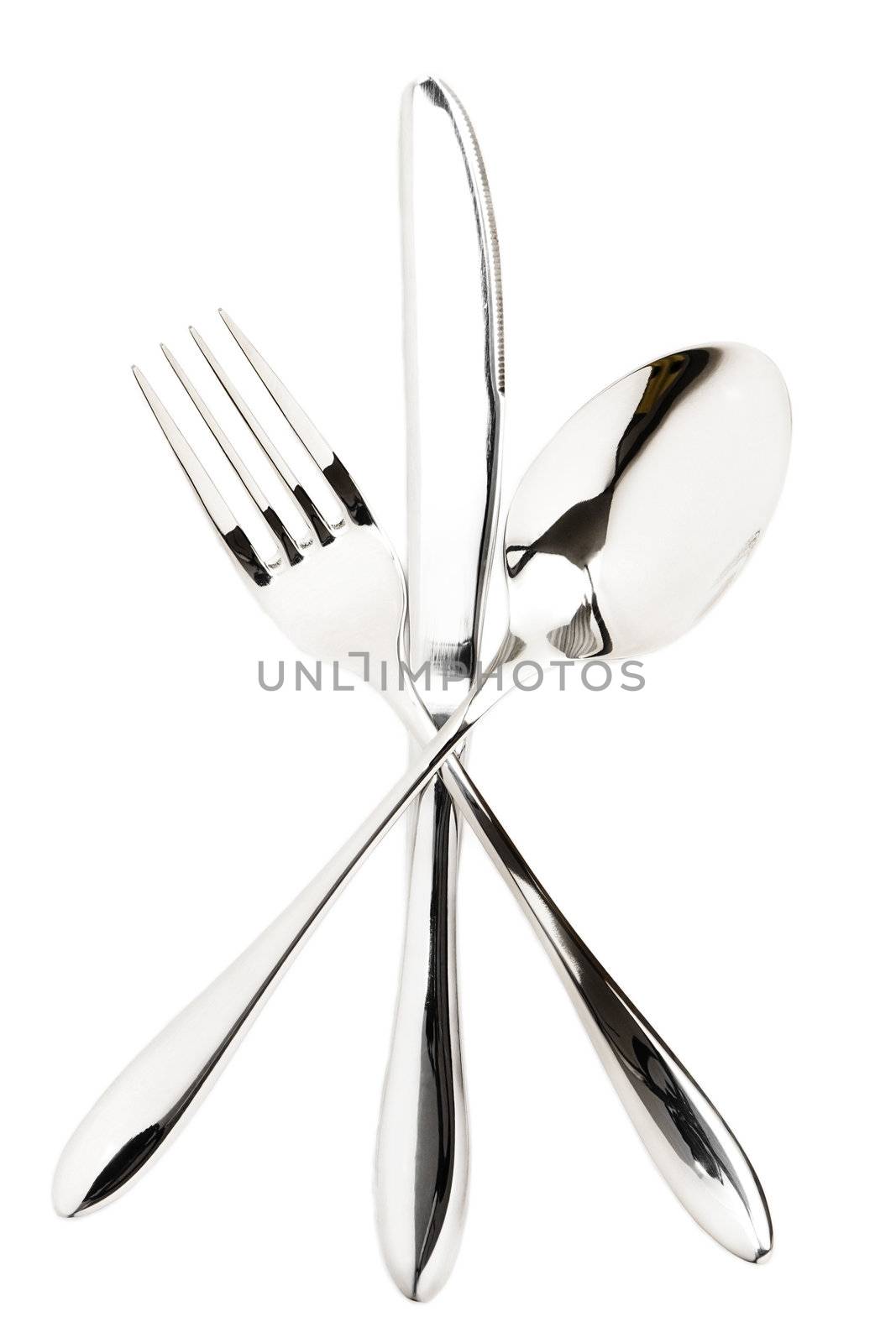 fork, spoon and a knife crossed on white background