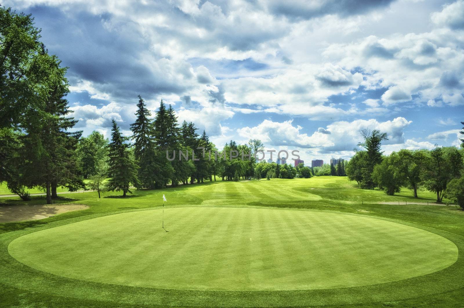 A full view of a golf course green in the middle of a summer afternoon.