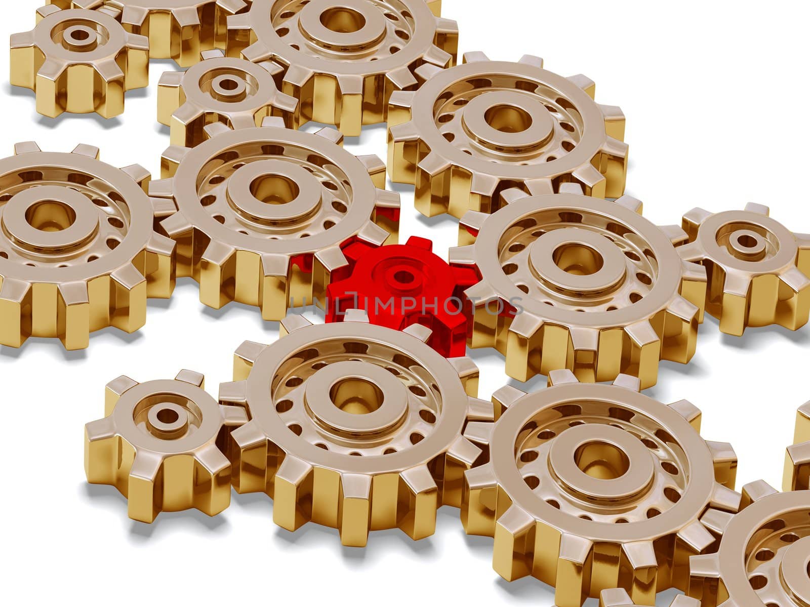 Many big golden golden gears with one red in the middle