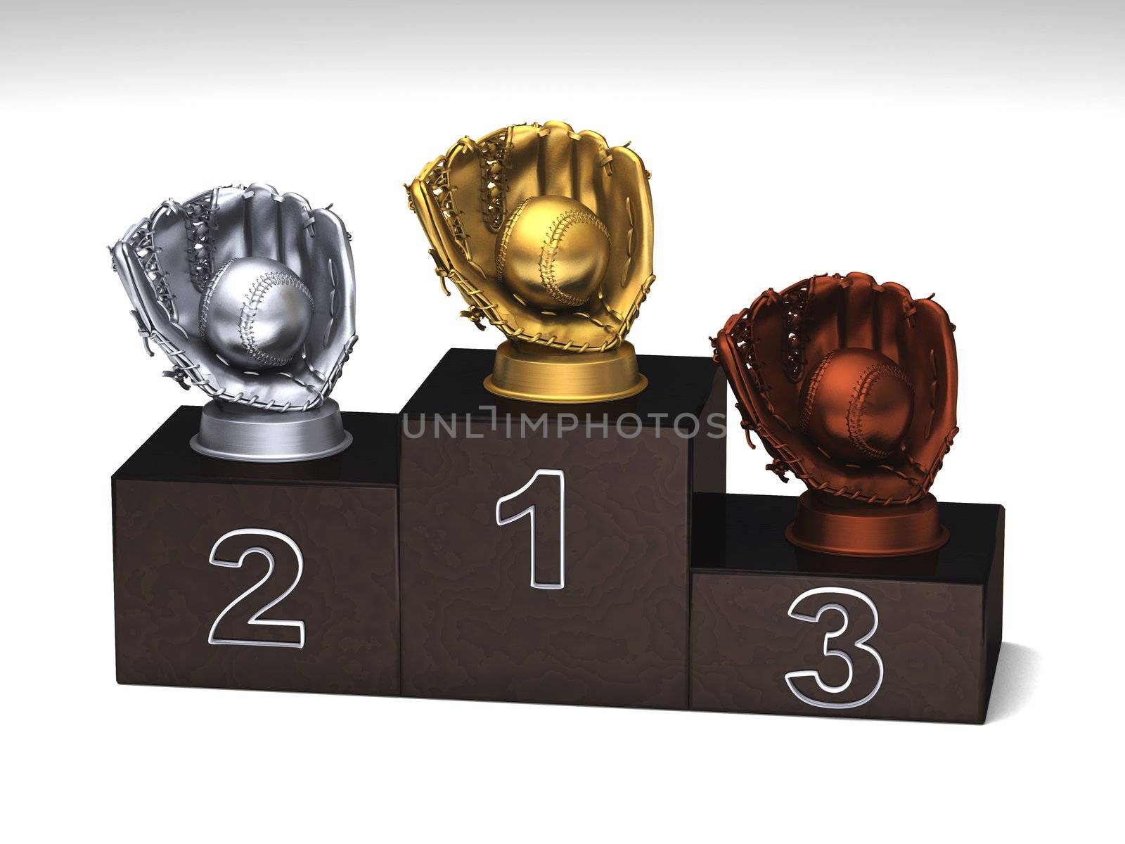 Baseball dark wood podium with trophies on a white floor