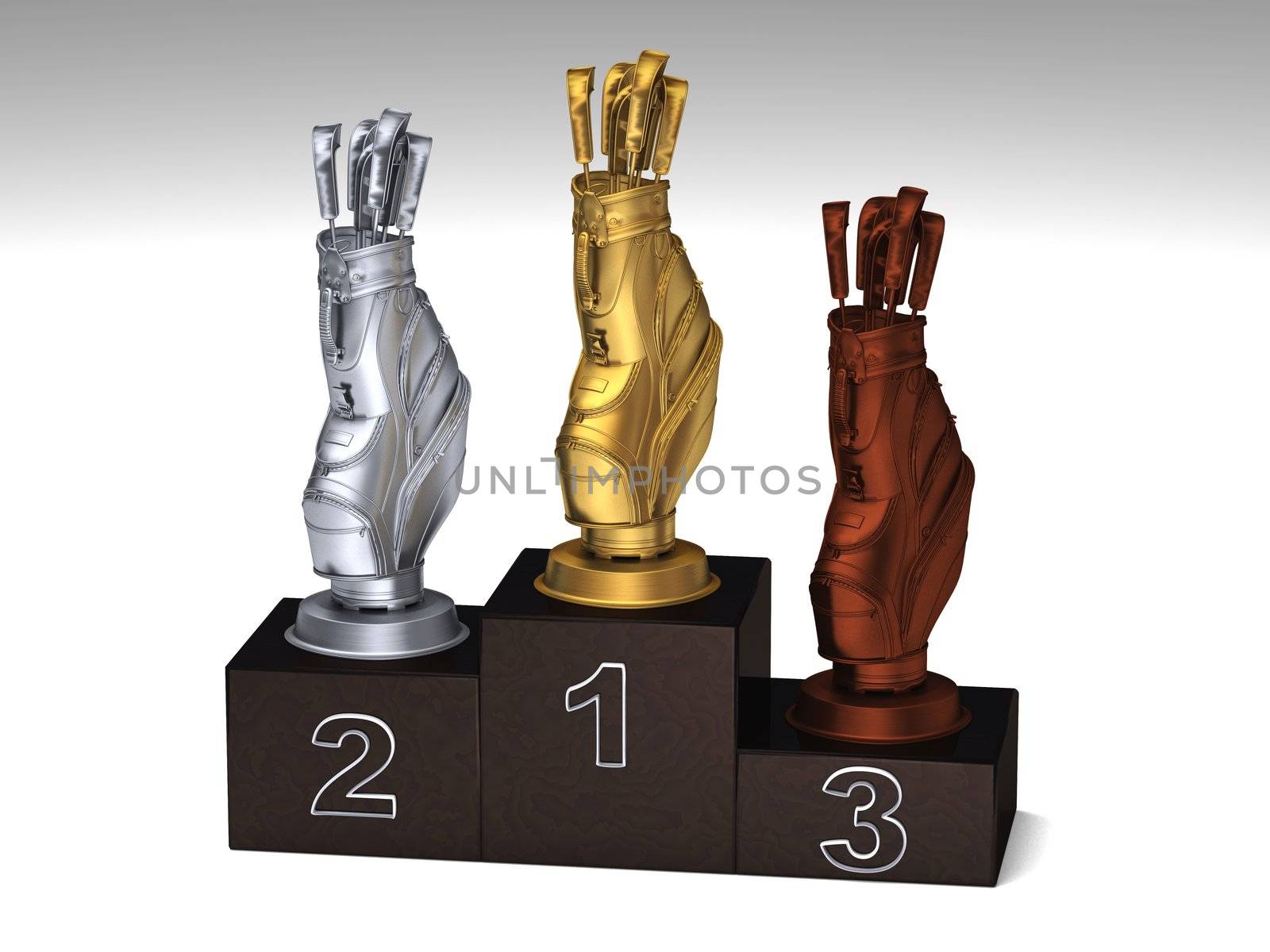 Golf dark wood podium with trophies on a white floor