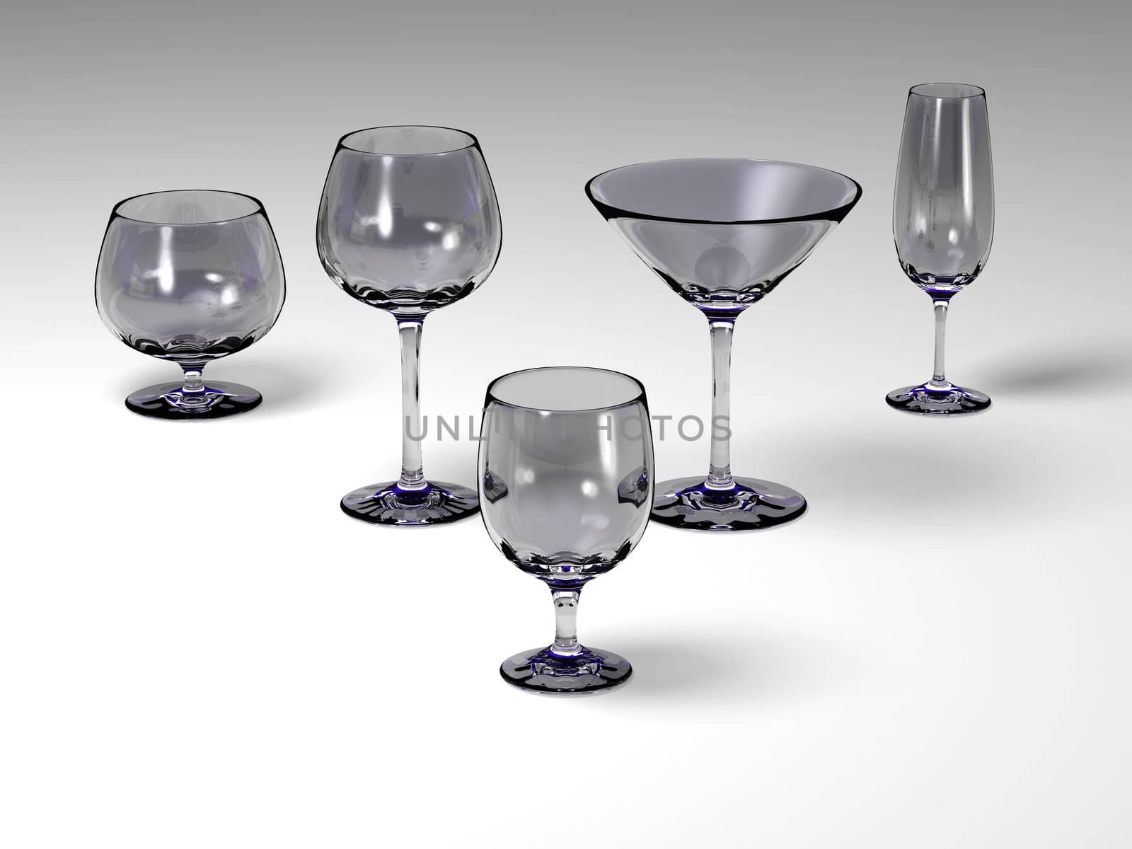 Five different empty glasses on a white floor