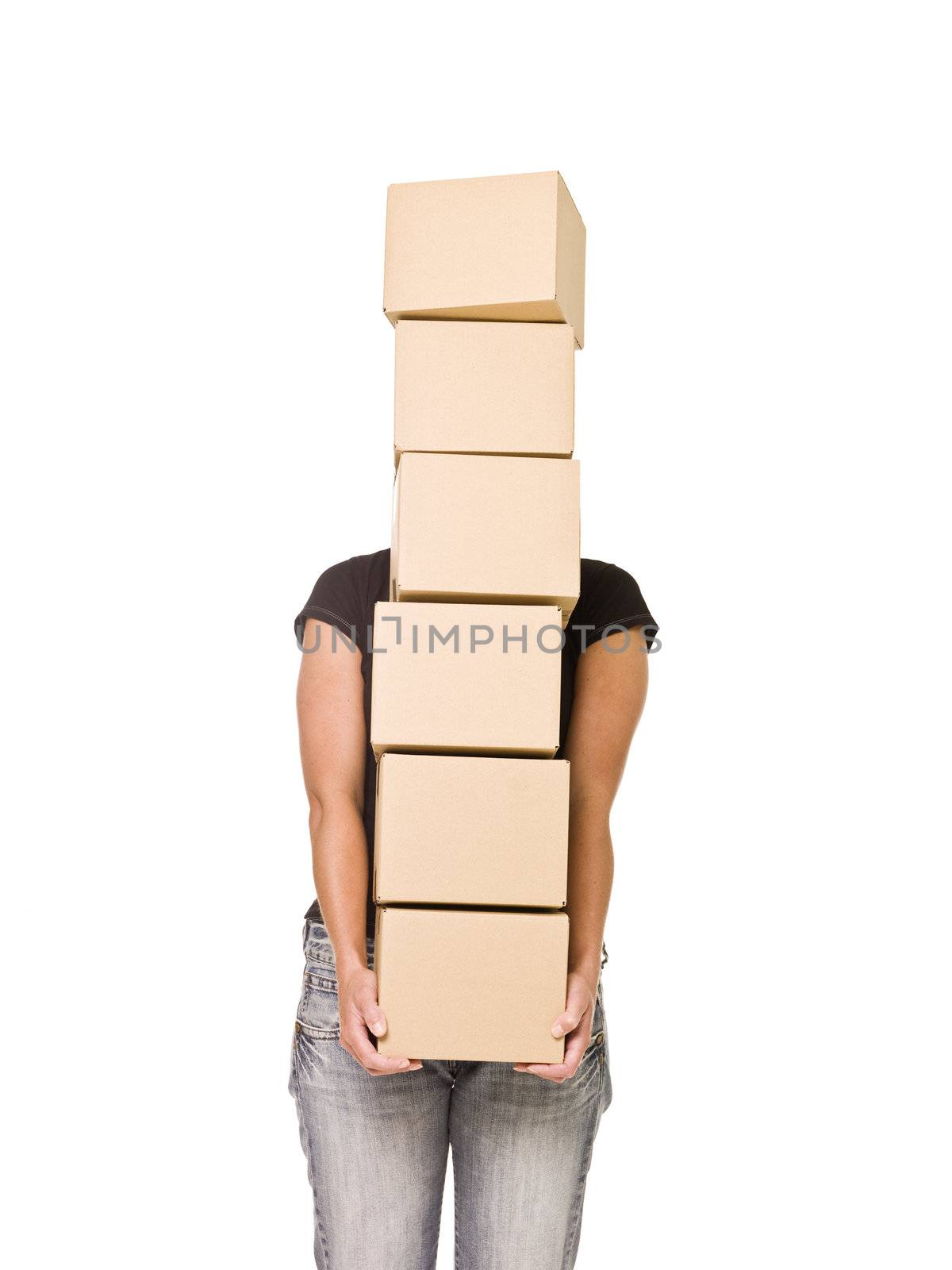 Woman carrying Cardboard Boxes isolated on white background