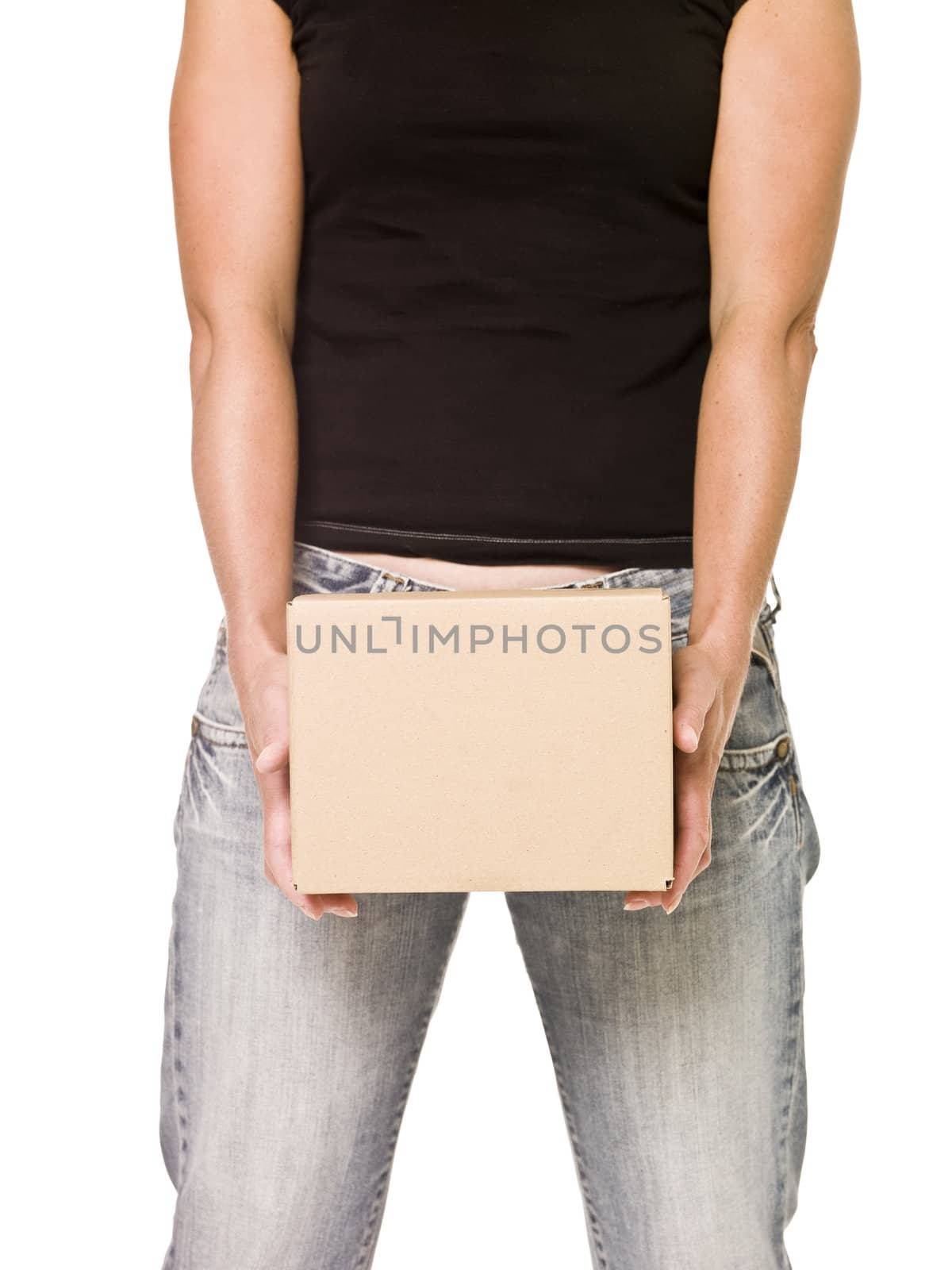Woman holding a heavy cardboard box isolated on white background