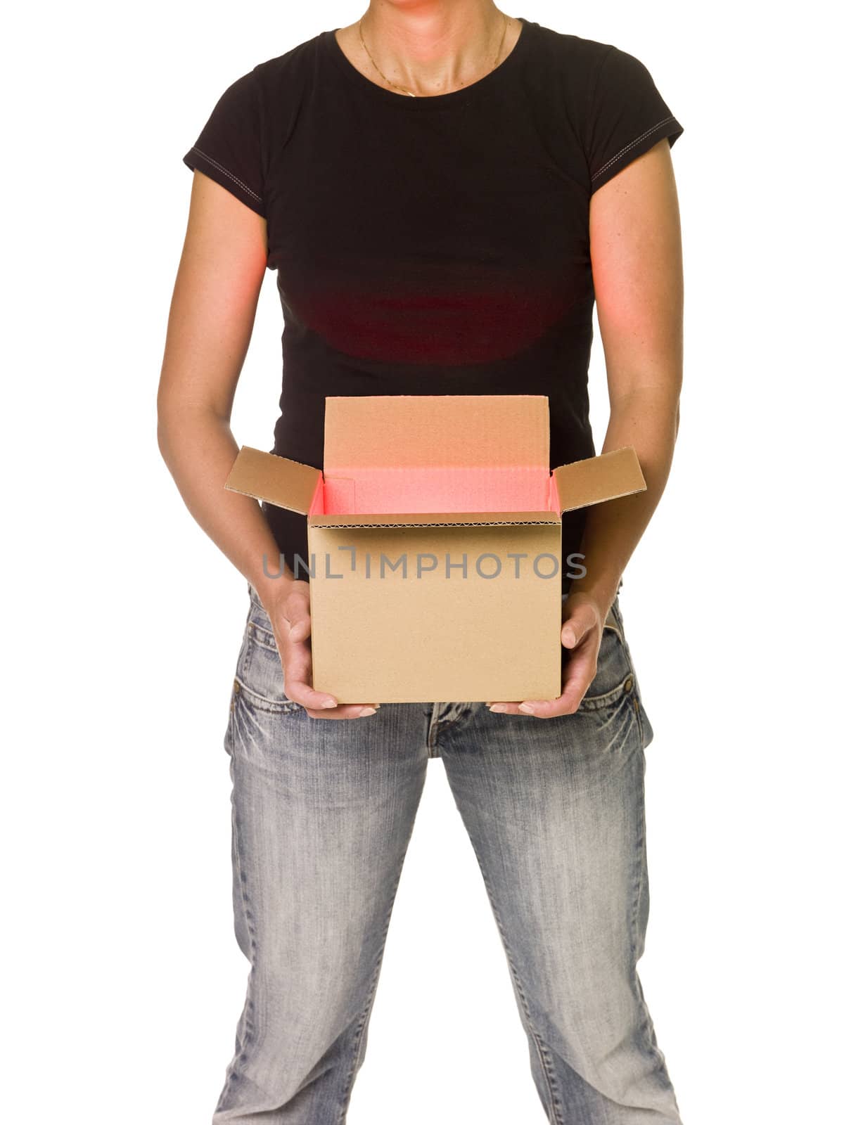 Woman holding a heavy Cardboard Box isolated on white background
