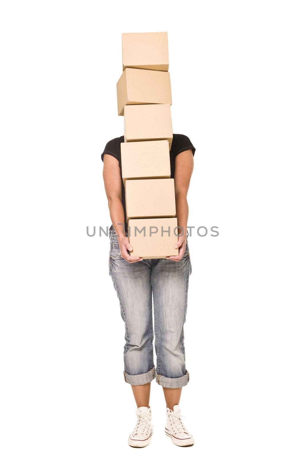 Woman carrying stack of Cardboard boxes isolated on white background