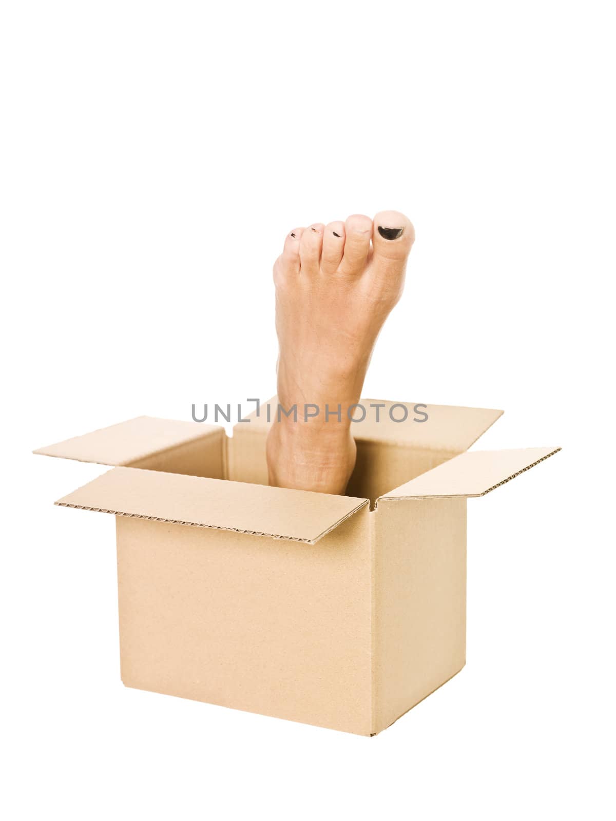 Human foot inside a cardboard box isolated on white background