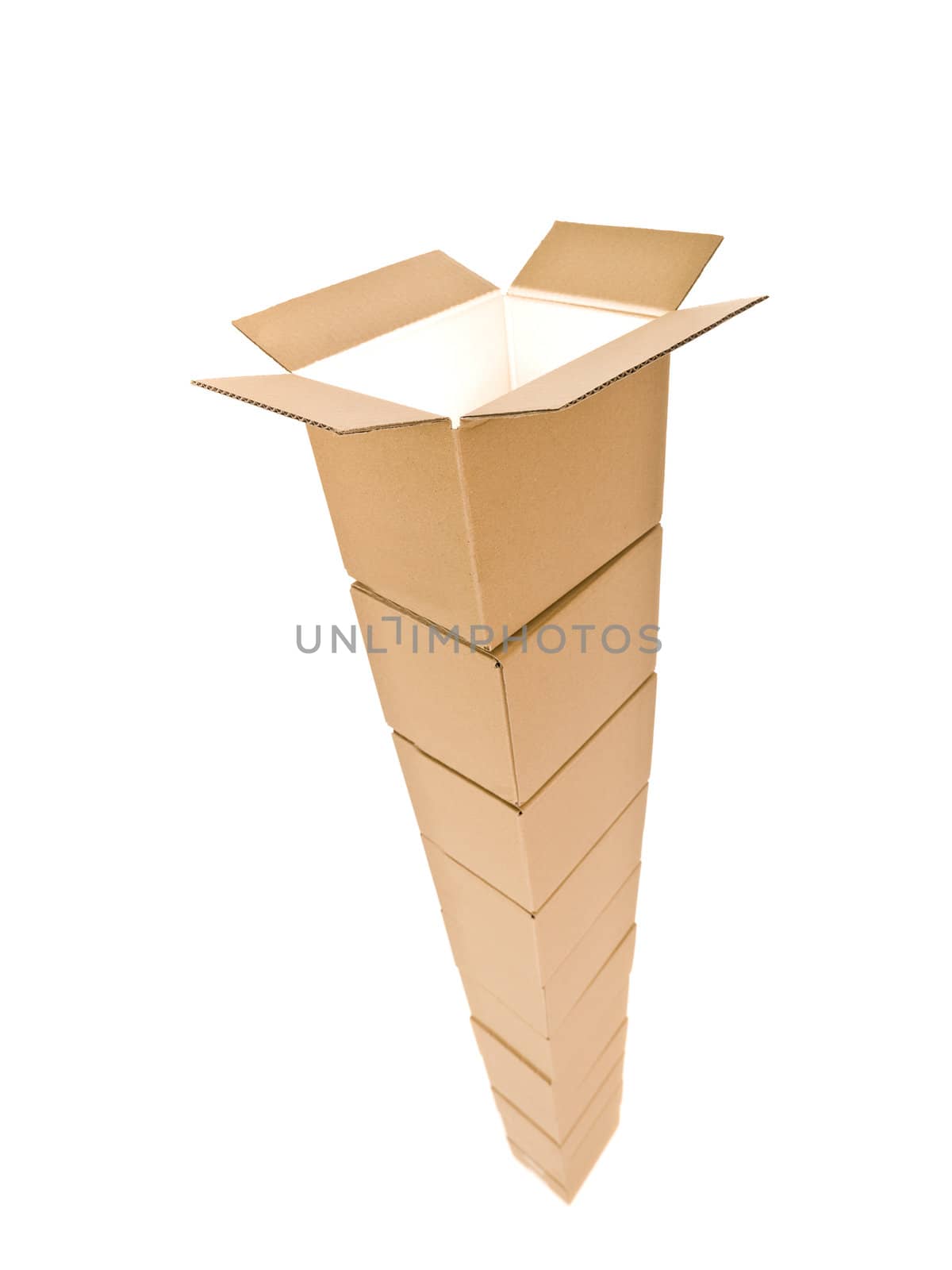 Tower of Cardboard boxes isolated on white background