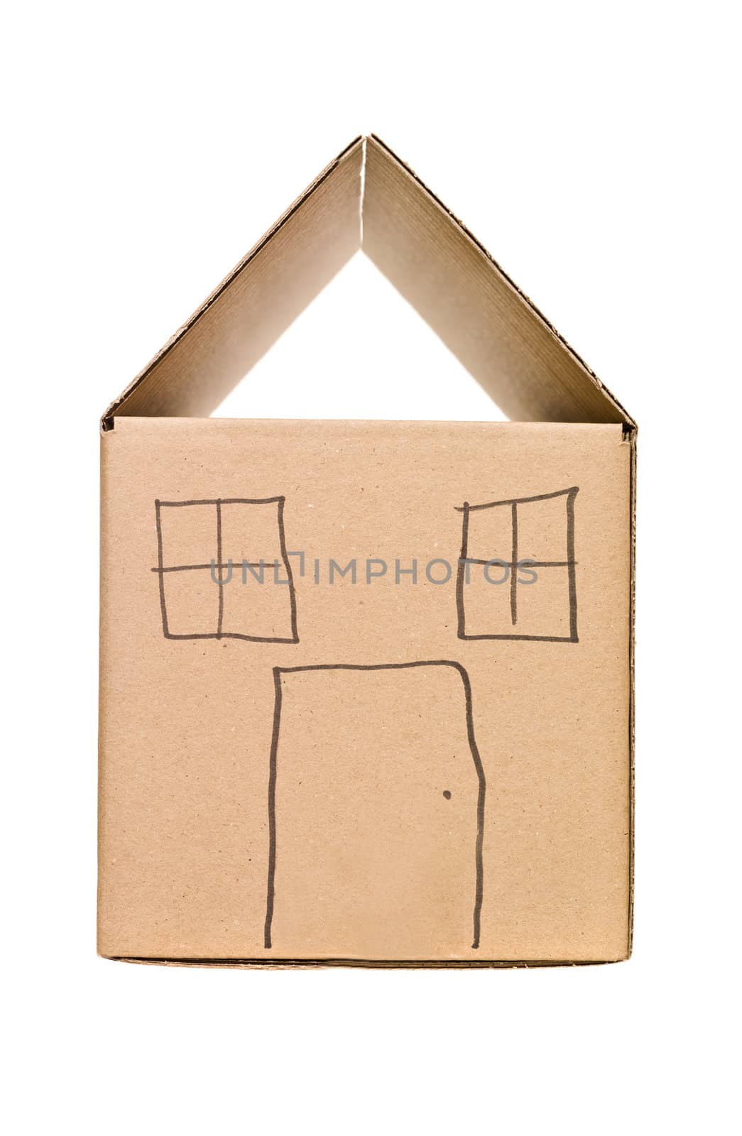Cardboard box painted as a house isolated