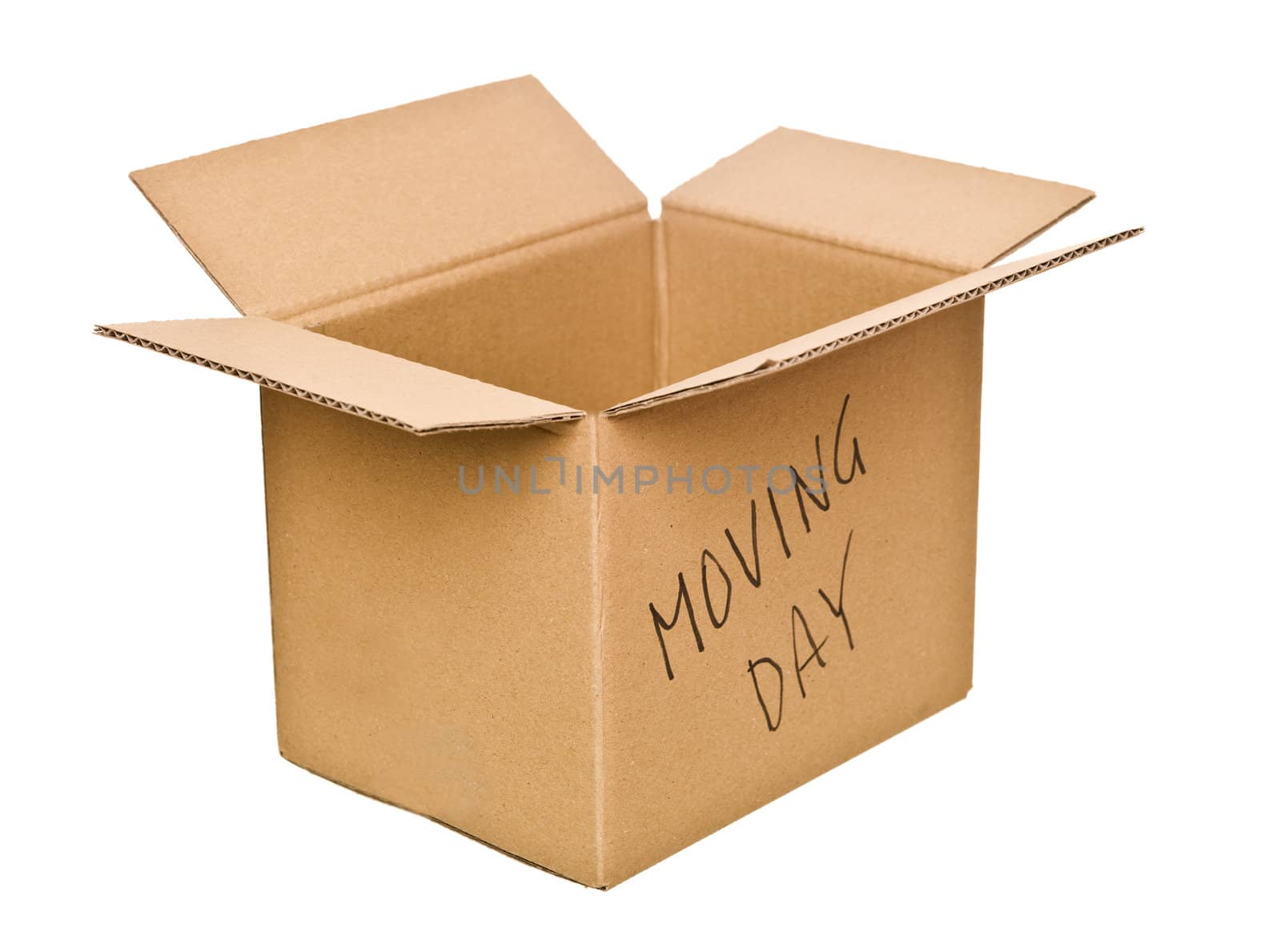 Cardboard box marked Moving Day isolated on white background