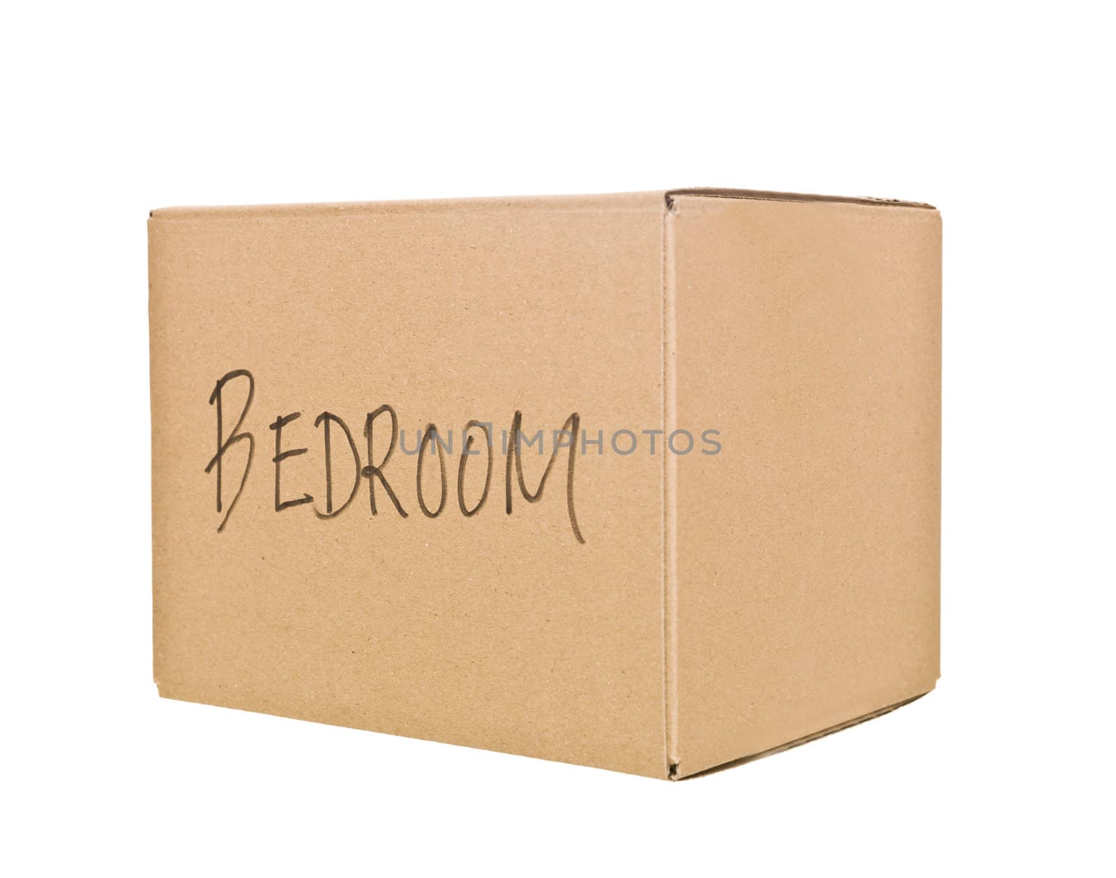 Closed Cardboard box marked bedroom isolated in white background