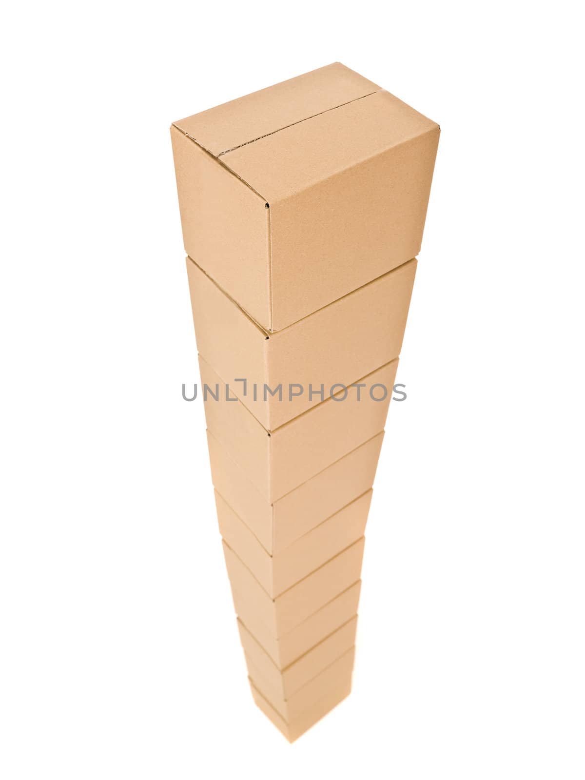 Tower of Cardboard boxes from above isolated on white background
