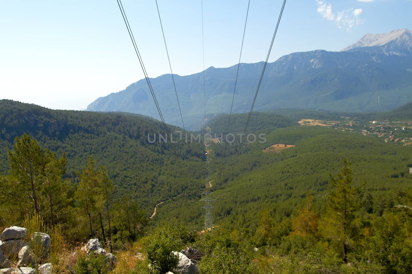 power electric line in summer mountain forest