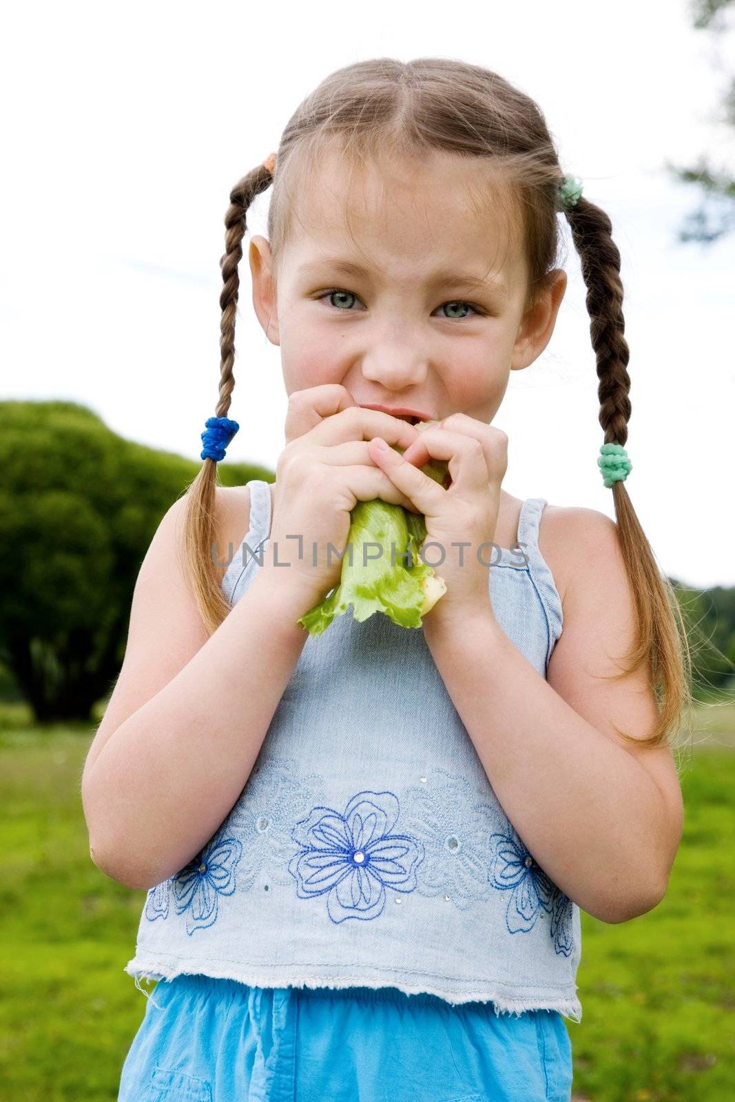 Young girl eating lettuce
