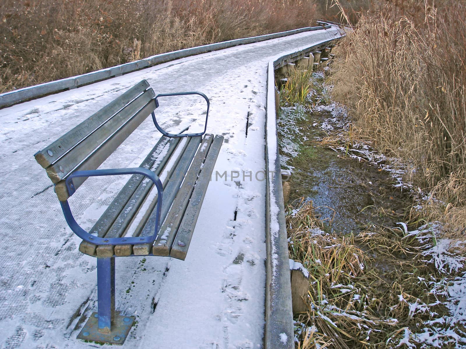 Bench And Boardwalk In A Park Winter Time