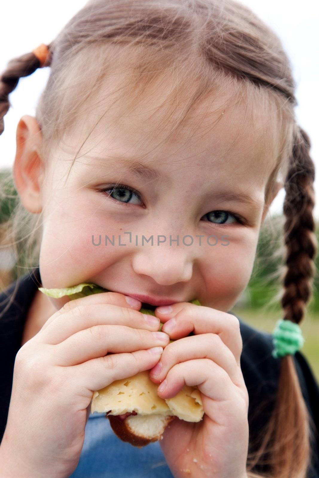 Little girl eats a sandwich on fresh air
