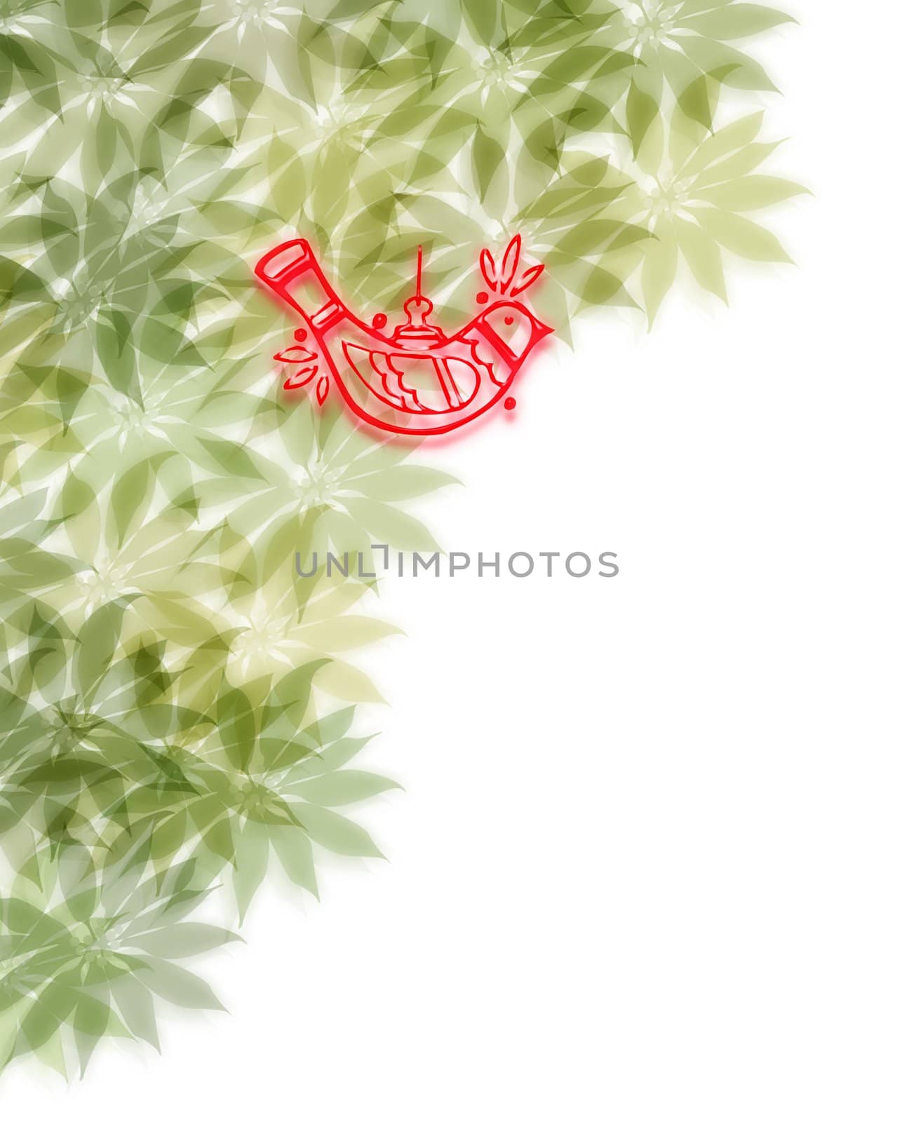red decoration bird hanging in decor of soft green leaves