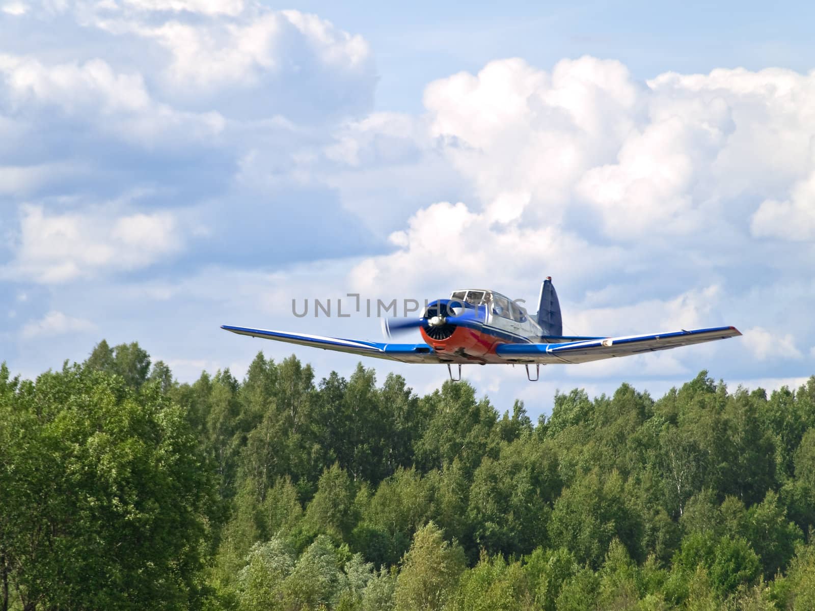airplane landing against the cloudy sky and forest