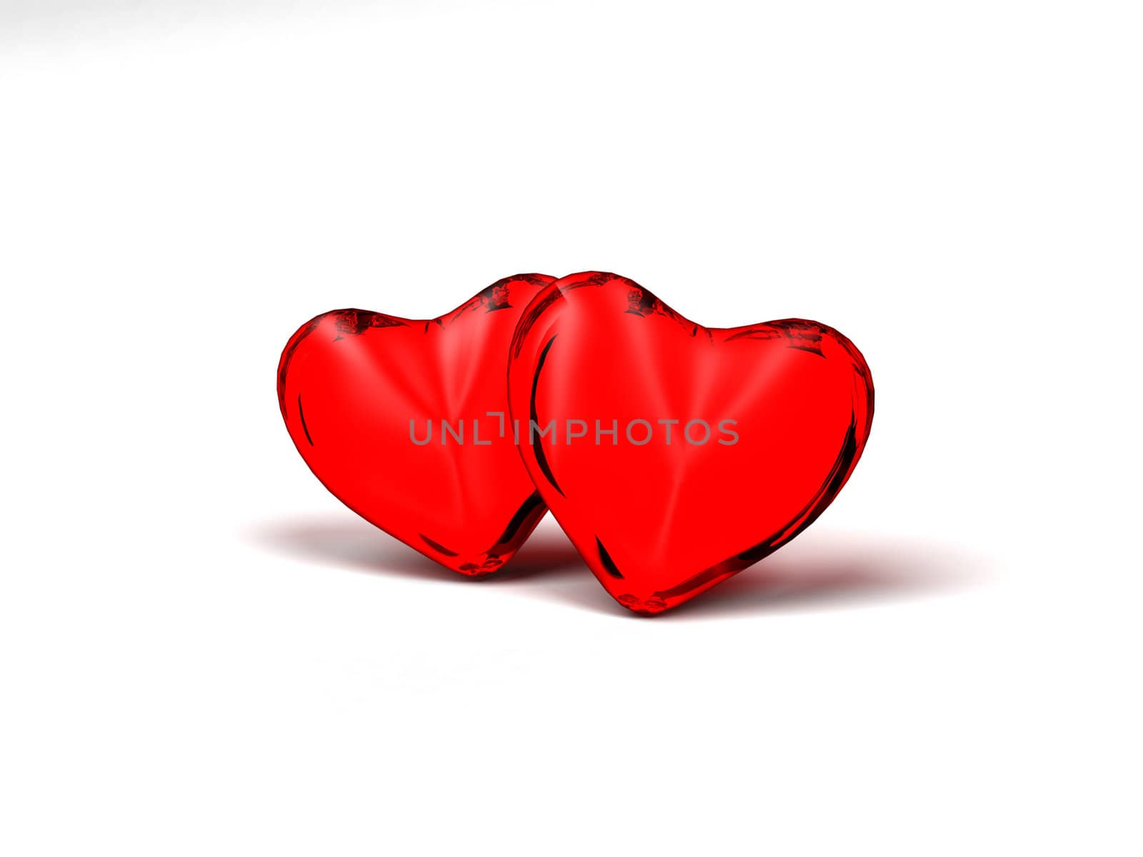 two red 3D glass hearts for holiday, Valentine`s or love theme designs