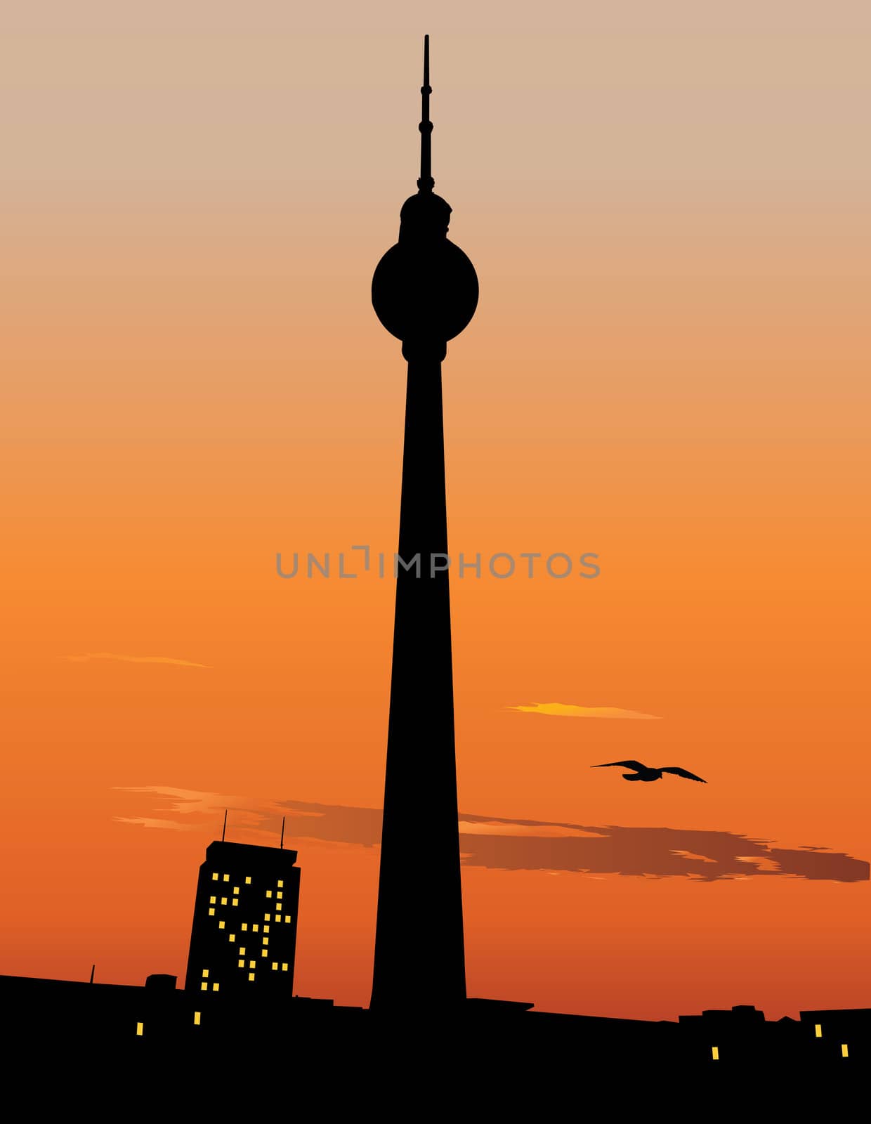 Silhouette of Berlin TV tower agaist sunset sky, Germany
