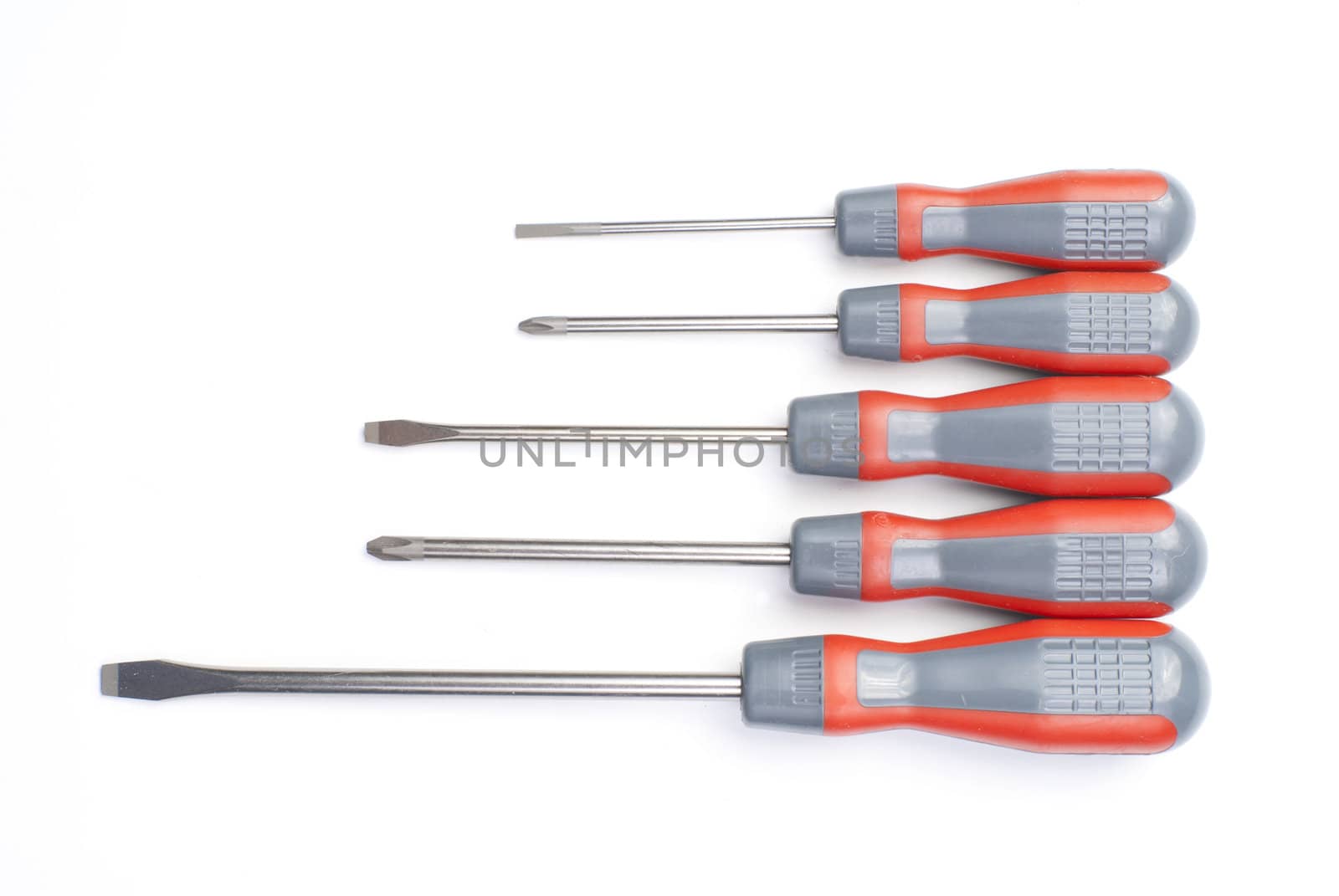 five screwdrivers isotaled on white background