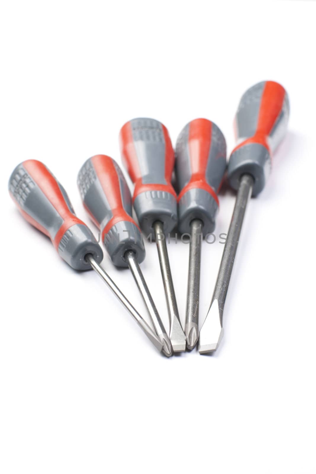 five screwdrivers isotaled on white background