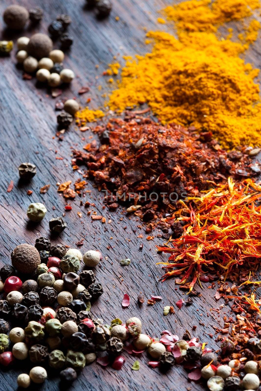 Pepper and other seasonings on a table
