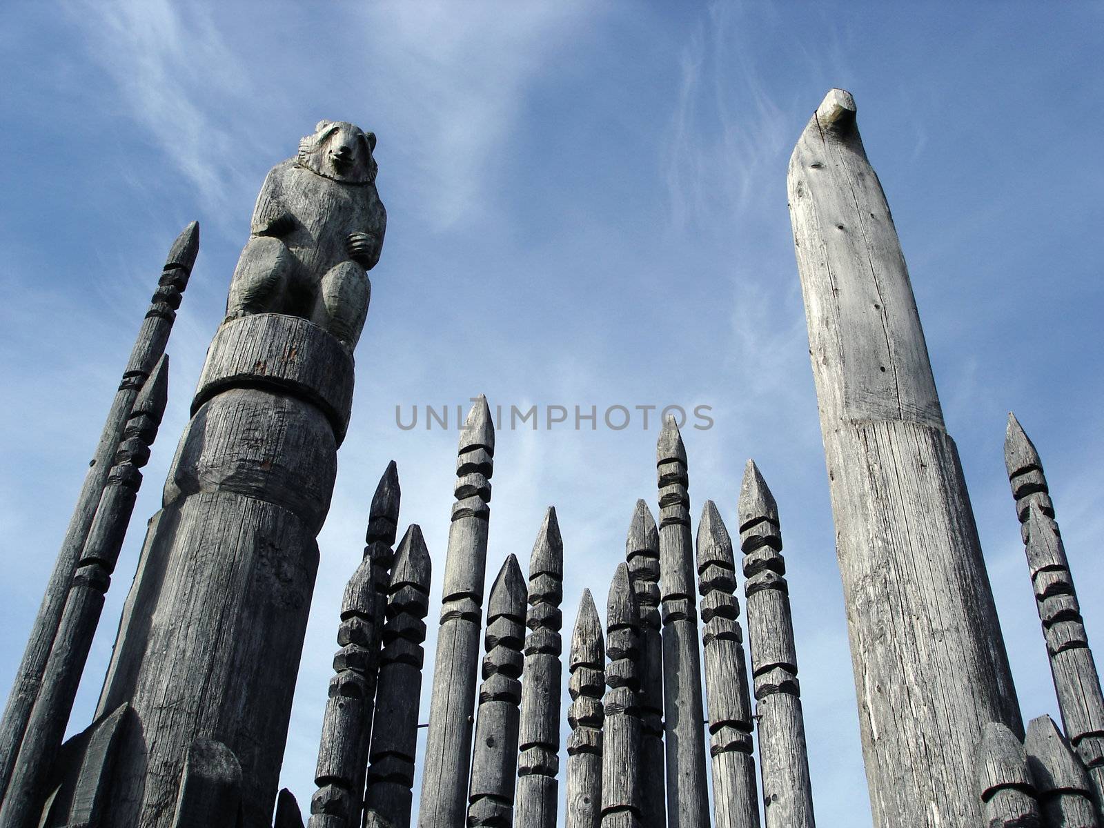 Carved Totem Poles  by mmgphoto