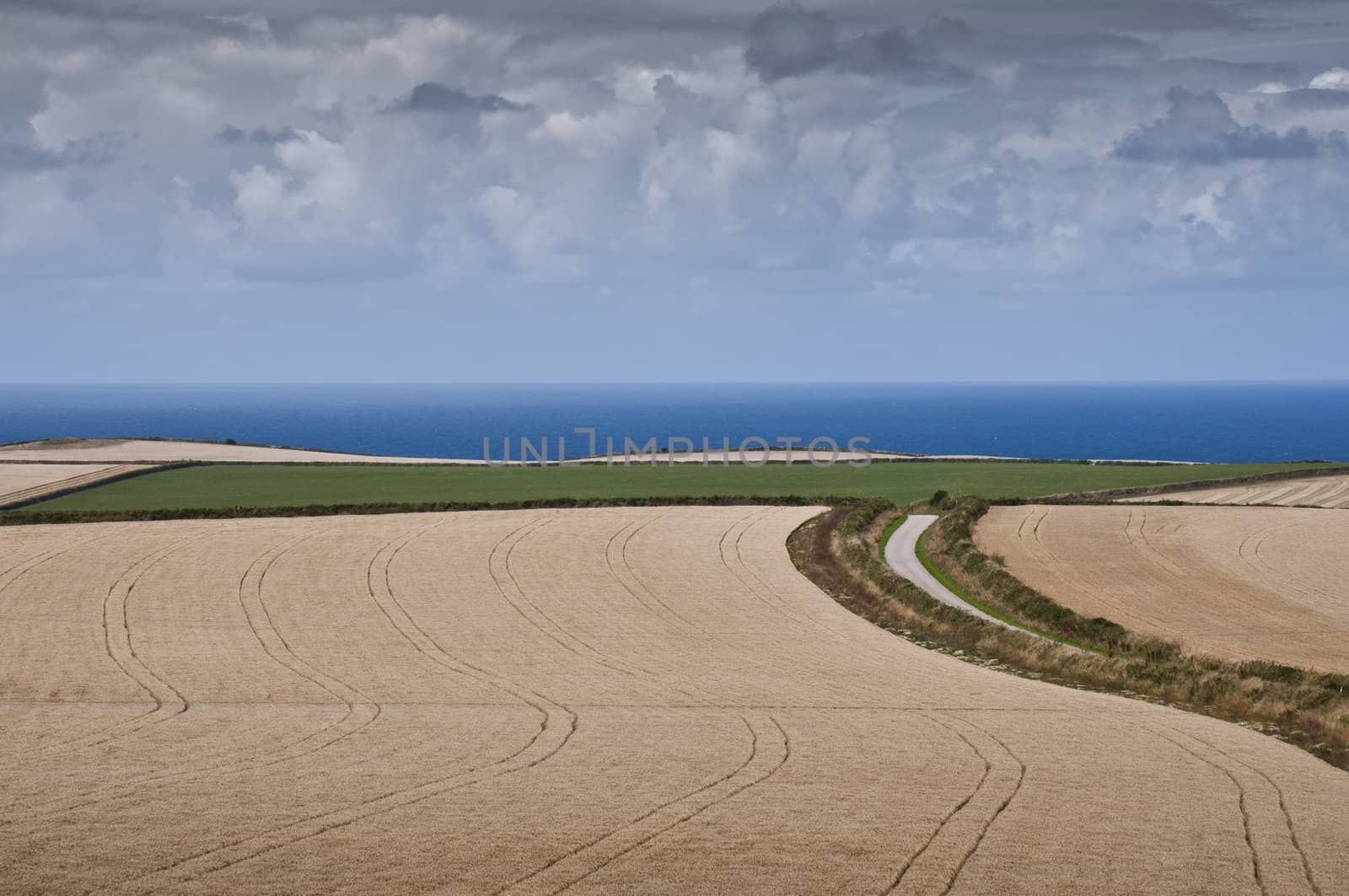 Simple seascape in Port Isaac, UK, showing small country road