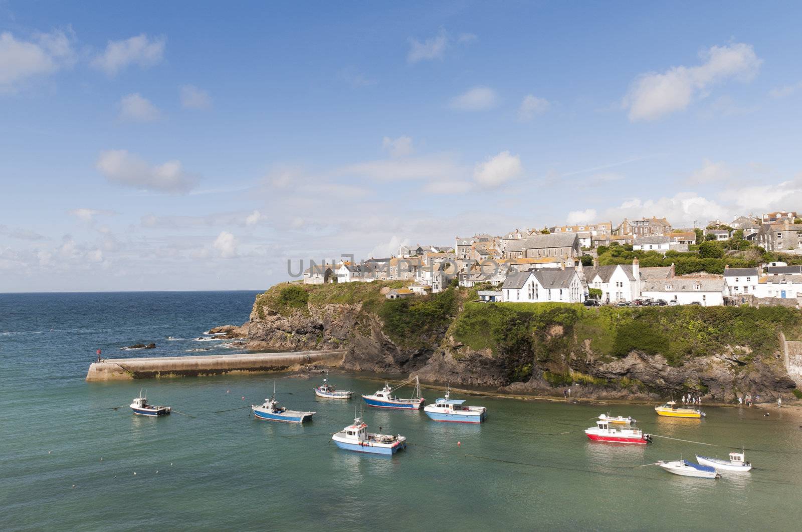 High angle seascape of Port Isaac, in Cornwall, UK