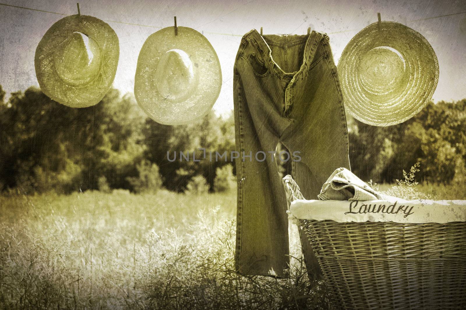 Old grunge photo of jeans and straw hats on clothesline 