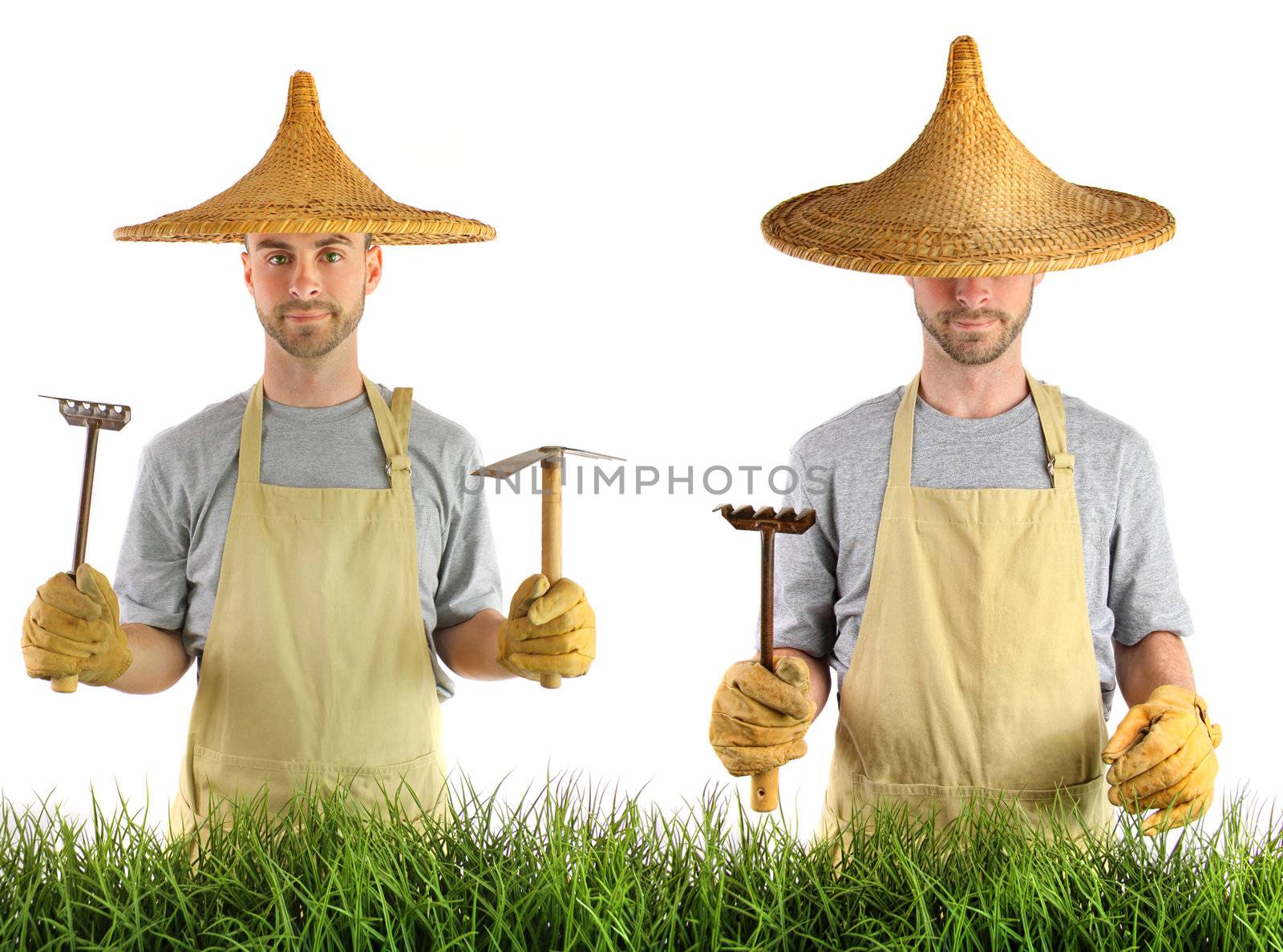 Man with Asian hat against white background