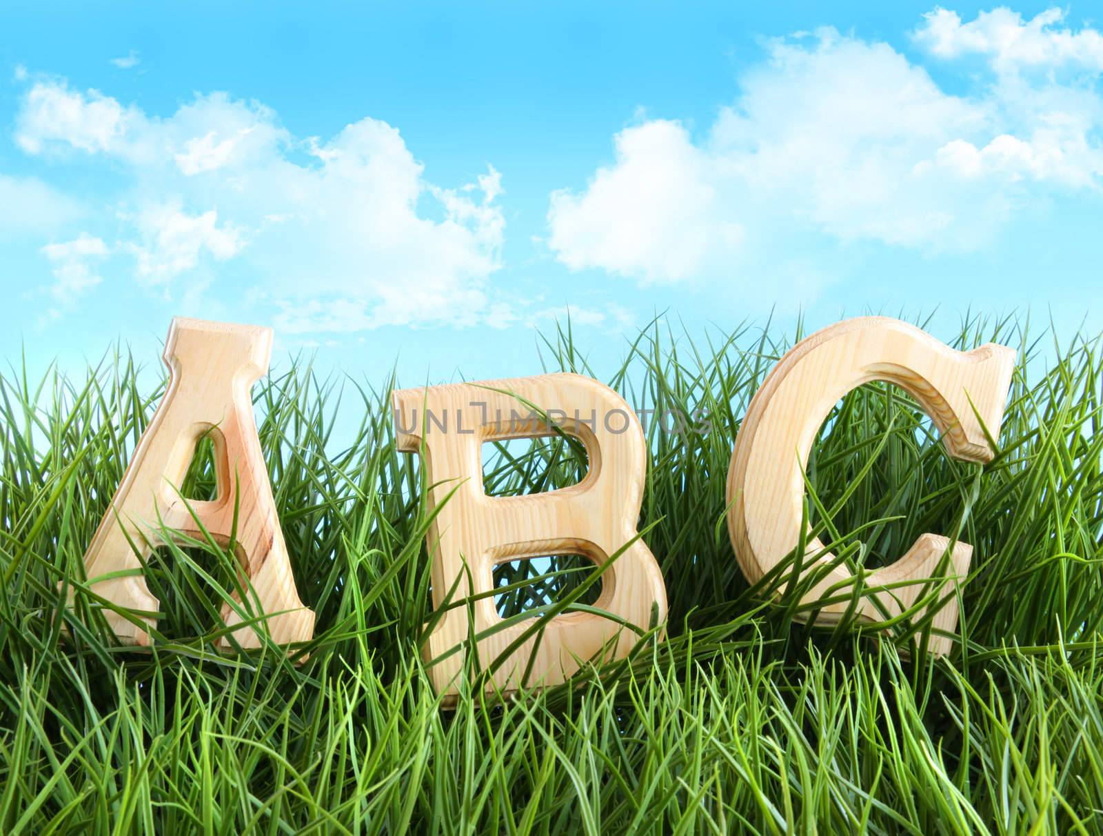 ABC letters in the grass with blue sky