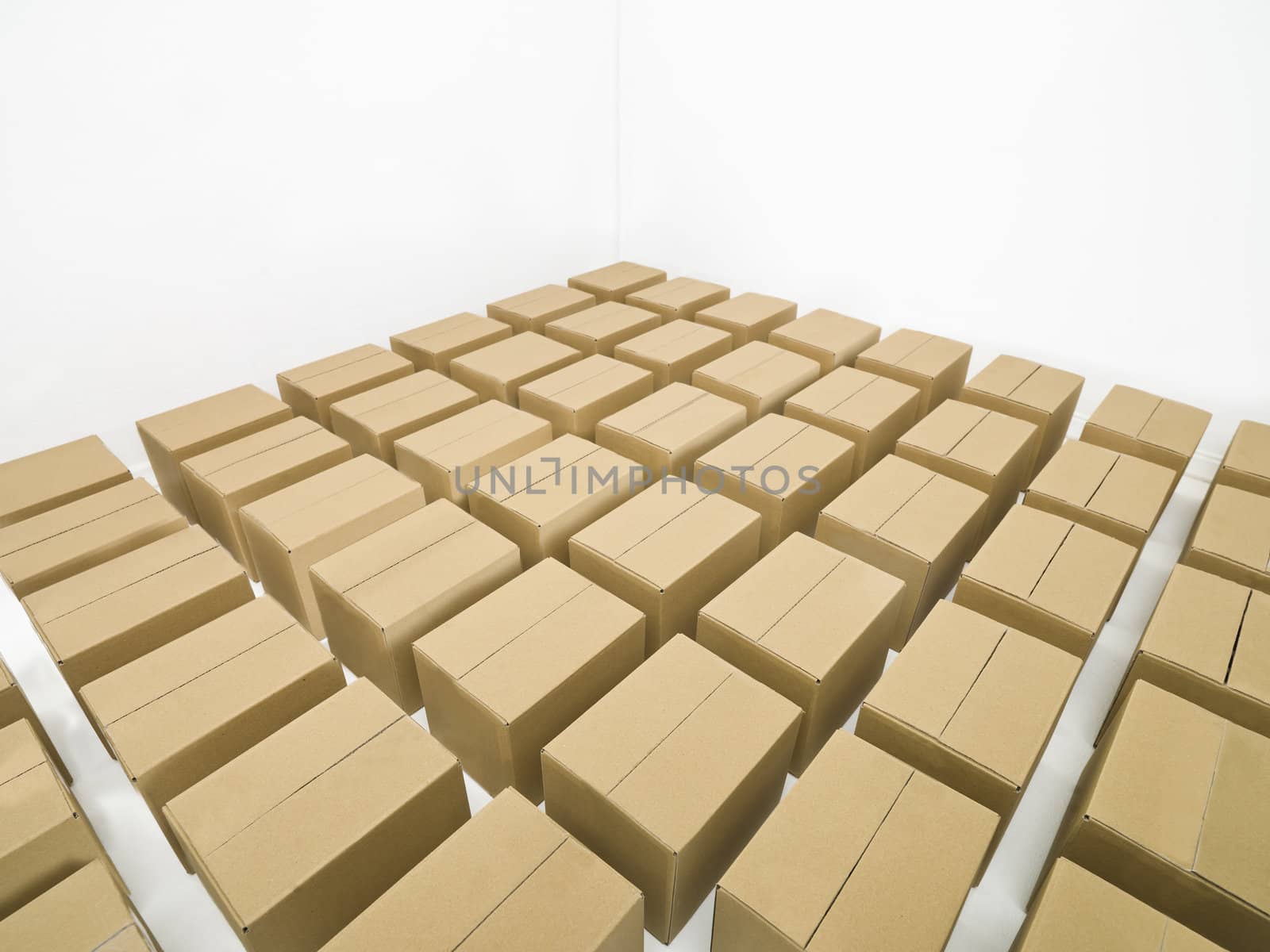 Arranged cardboard boxes on white background