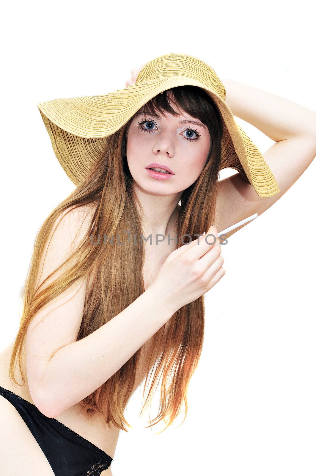 smoking beautiful topless girl in straw hat